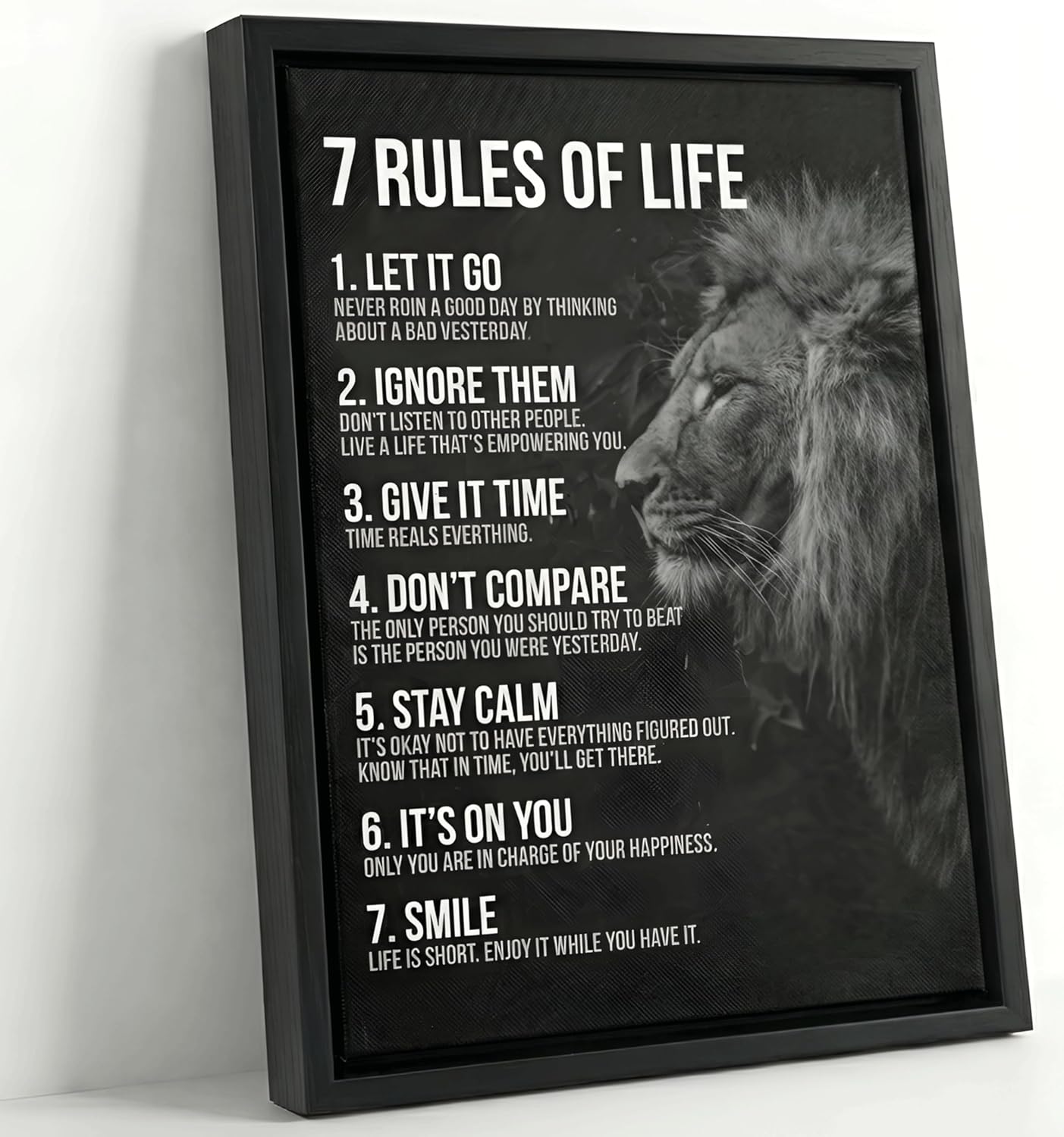 Framed Motivational Lion Canvas Wall Art 7 Rules Of Life Quotes Wall Decor Picture Inspirational Poster Print Painting for Bedroom Living Room Office Home Decoration Prepare To Hang
