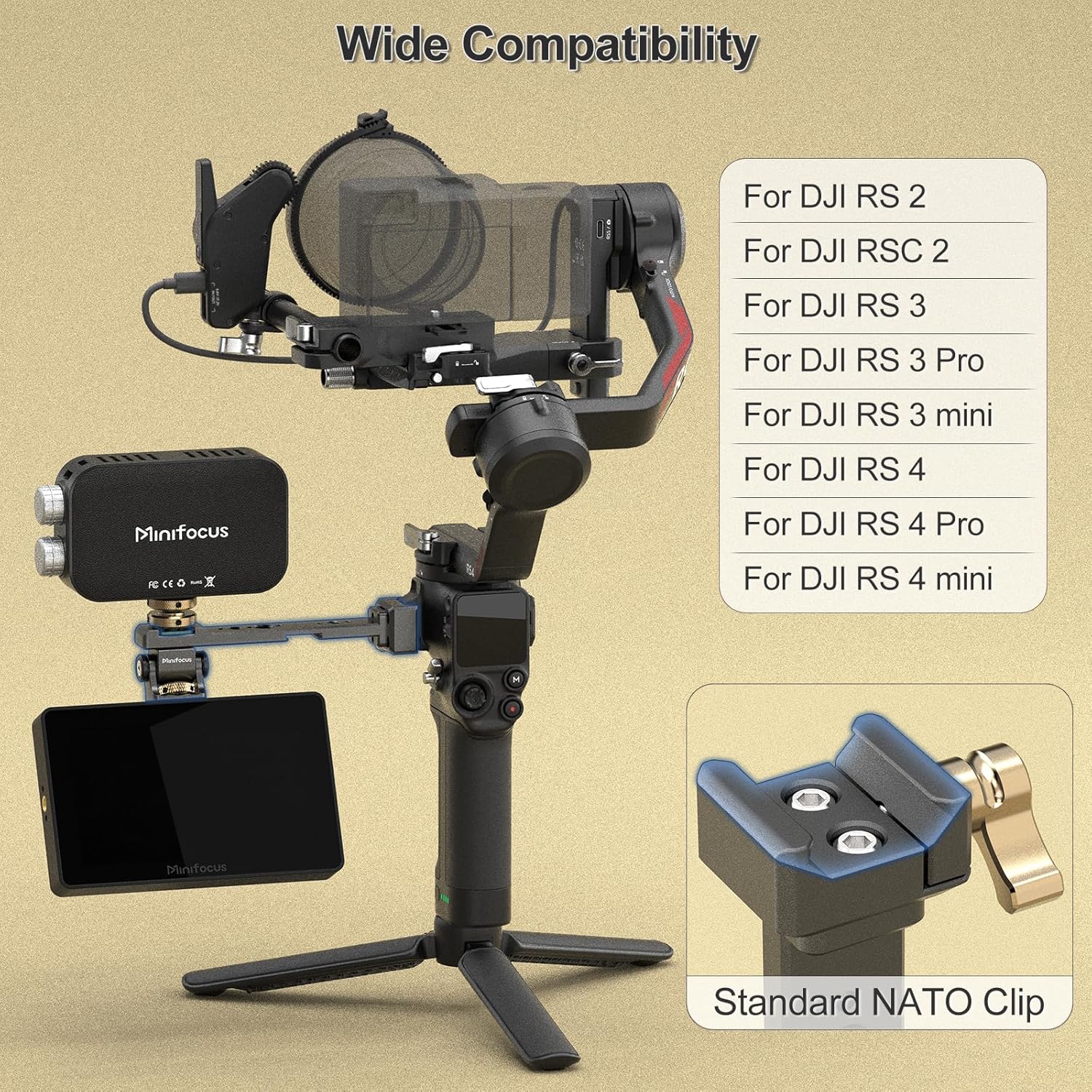 Adjustable Camera Monitor Mount with Quick Release NATO Clamp, Cold Shoe Mount, 360° Rotatable Field Gimbal Monitor Holder for DJI RS 4 Mini/RS 4 / RS 4 Pro/RS 2 / RSC 2 / RS 3 / RS 3 Pro/RS 3 Mini