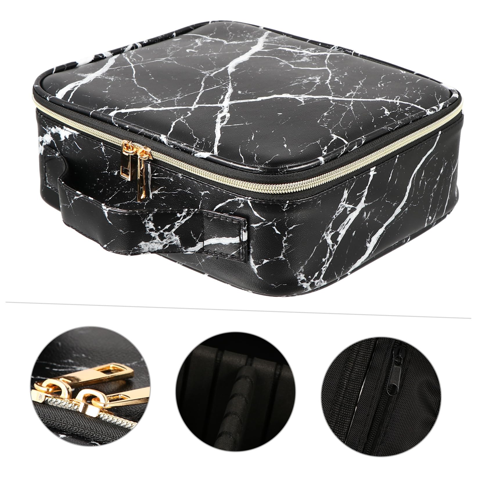 Organizer Trucchi da Viaggio a Scomparti, Nero, Manico | Motivo Marmorizzato Raffinato, Pu, Nylon e Metallo, per Palette e Prodotti Cura, Ordine Facile