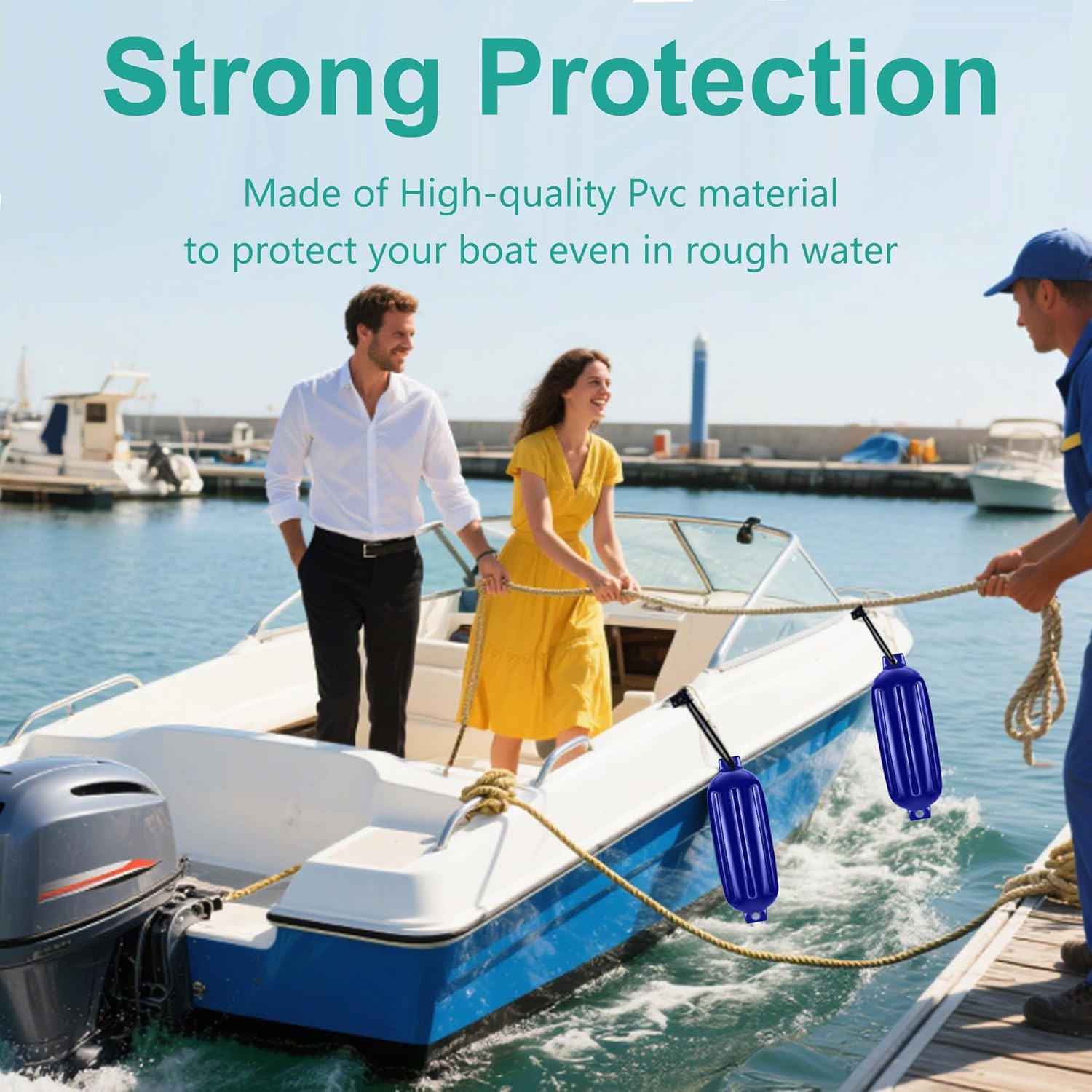 4.5/5.5/6.5/8.5 Inch Boat Fenders - 4 Pack Boat Bumpers for Docking, Ribbed Twin Eyes with 4 Ropes & Air Pump, UV & Saltwater Resistant, for Jon Boats, Pontoon Boats Black/Blue/White/Blue &White