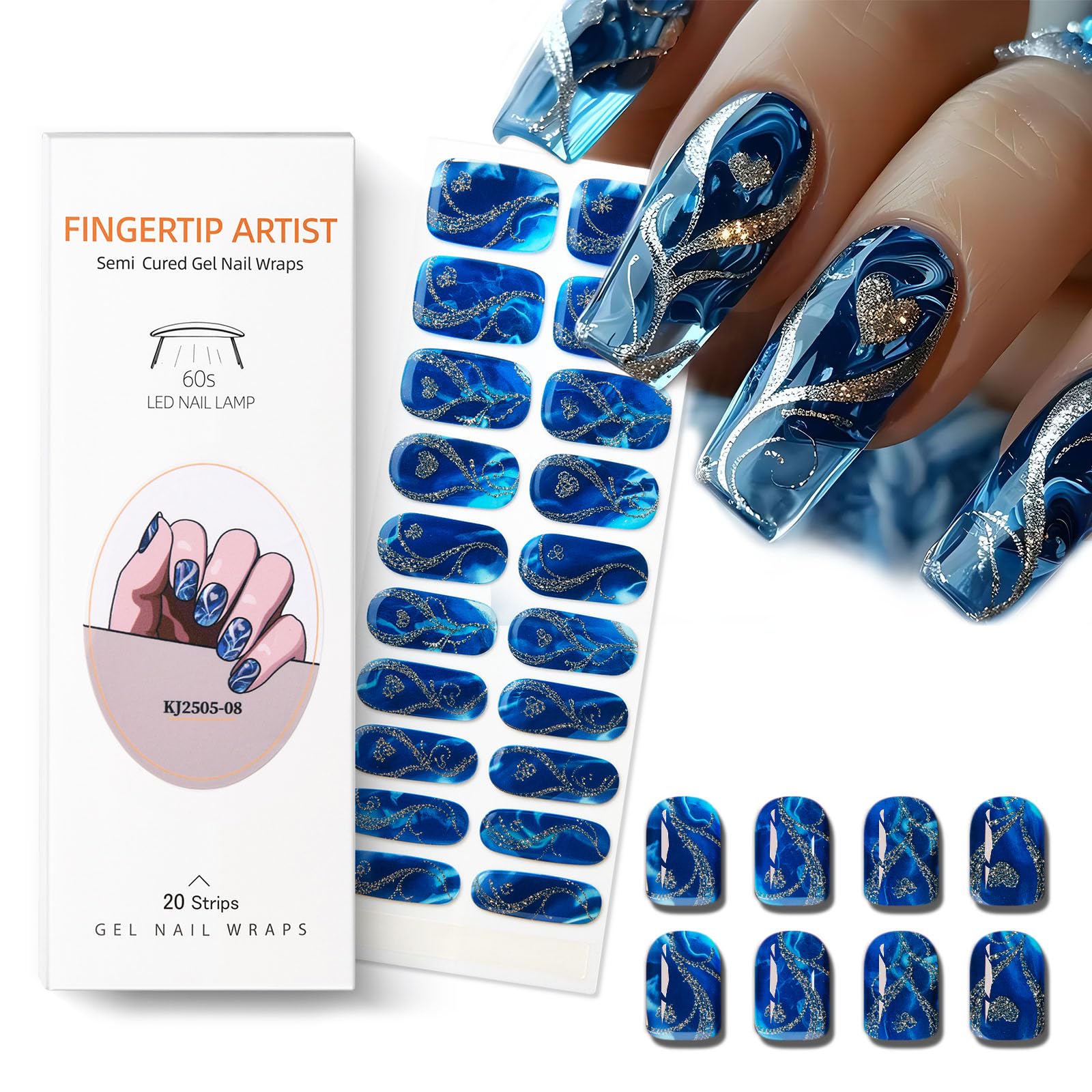 Photo 1 of Semi Cured Gel Nail Strips with Gold Heart Designs Blue Gel Nail Strips Glossy Stickers Salon Quality & Easy to Use for Women 20 Pcs