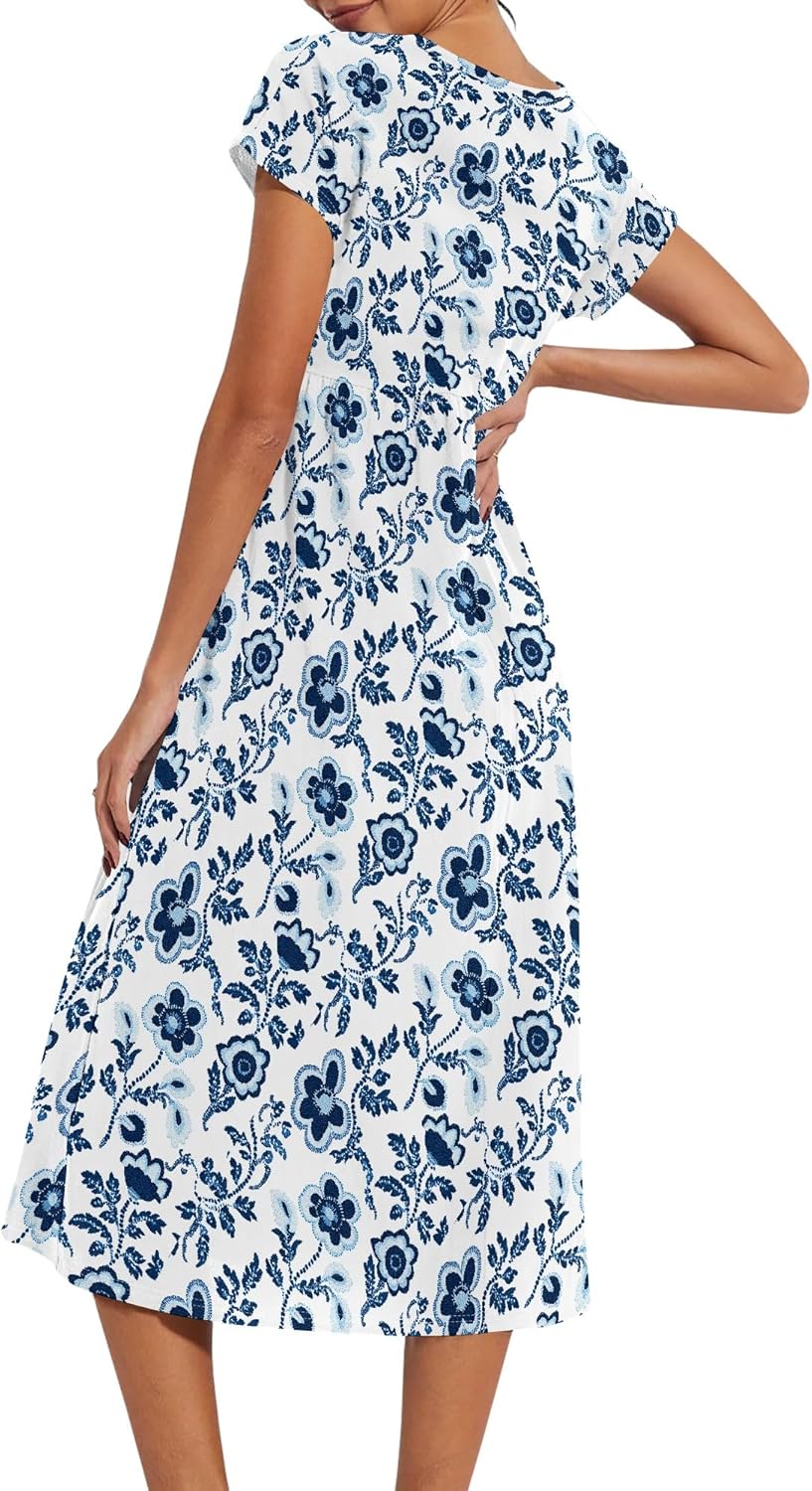 Cotton T Shirt Dresses for Women Cap Sleeve Crewneck Empire Waist Flowy Swing Summer Casual Long Maxi Smocked Dress - Image 4