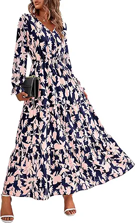 BTFBM Women Fall Dresses 2025 Casual Long Sleeve V Neck Maxi Dresses Floral Boho Long Dress Wedding Guest Dress