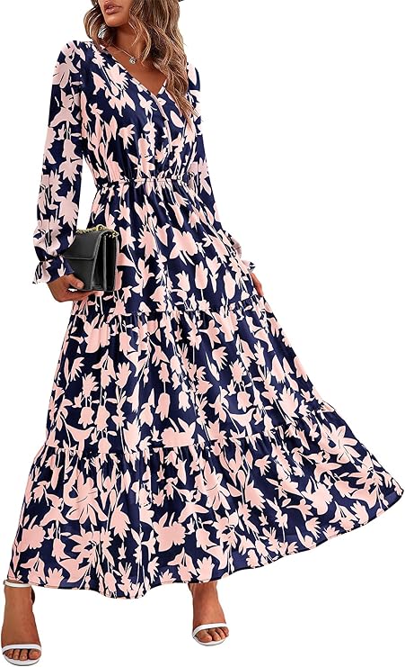 BTFBM Women Fall Dresses 2025 Casual Long Sleeve V Neck Maxi Dresses Floral Boho Long Dress Wedding Guest Dress