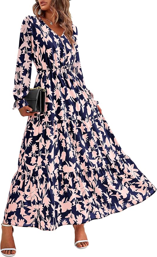 BTFBM Women Fall Dresses 2025 Casual Long Sleeve V Neck Maxi Dresses Floral Boho Long Dress Wedding Guest Dress
