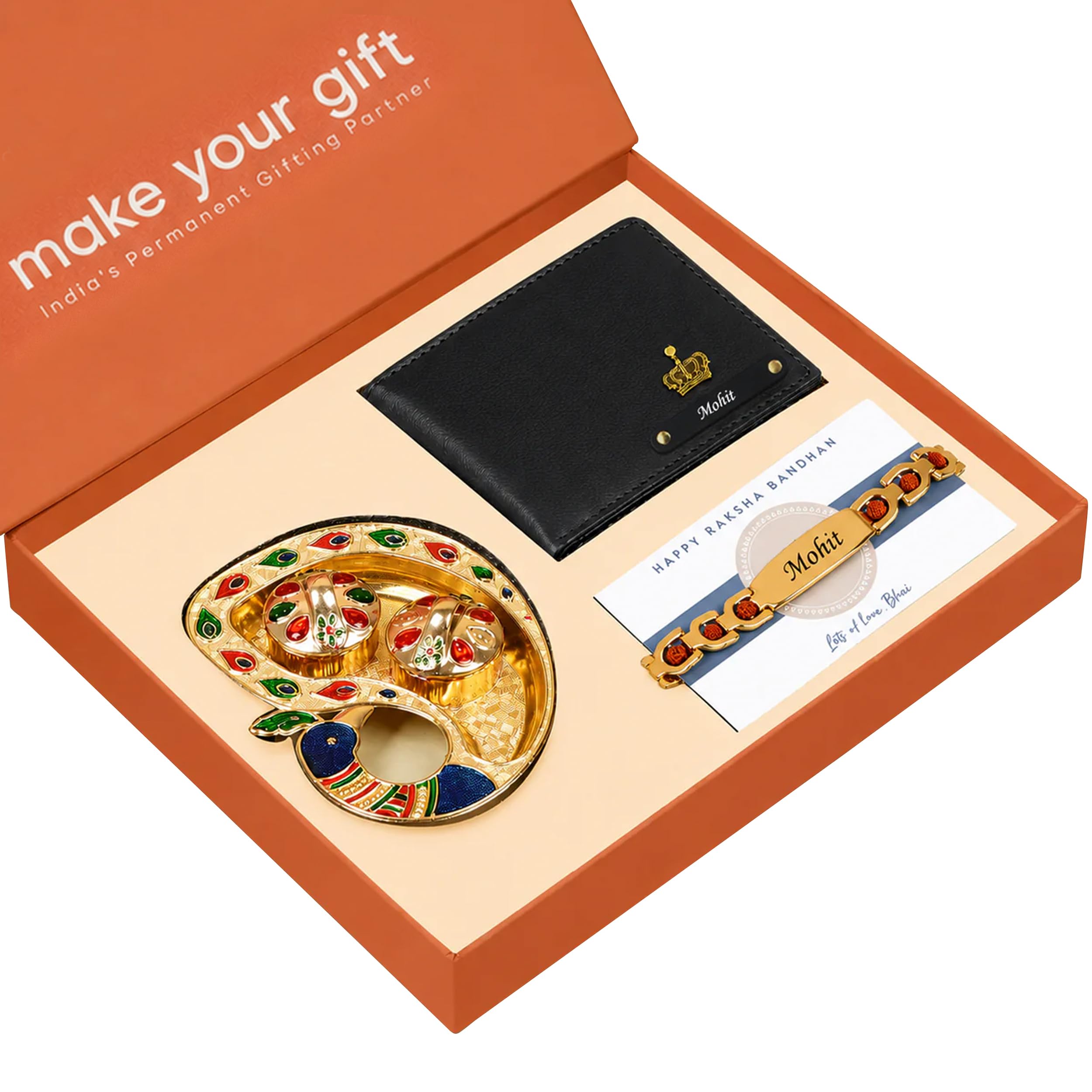 Personalized Rakhi Gift Hamper for Brother with Custom Leather Wallet, Name Bracelet Rakhi & Decorative Puja Thali | Premium Raksha Bandhan Gift Box-image-27