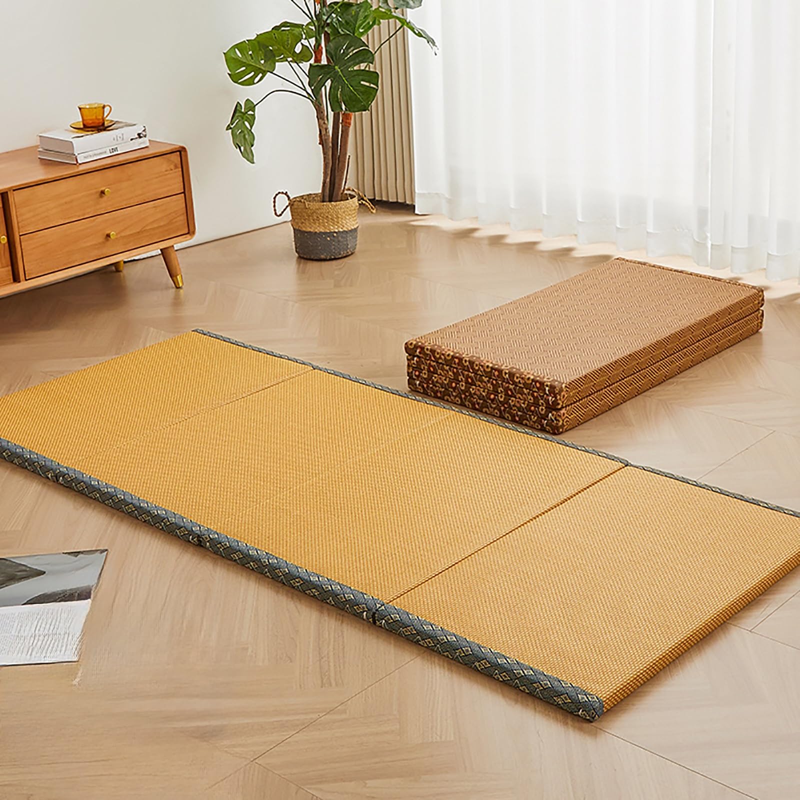 Japanische Tatami Matte Klappmatratze 5cm Dick Futon Matratze Kühl Atmungsaktiv 60x180x5cm Gray+Wood