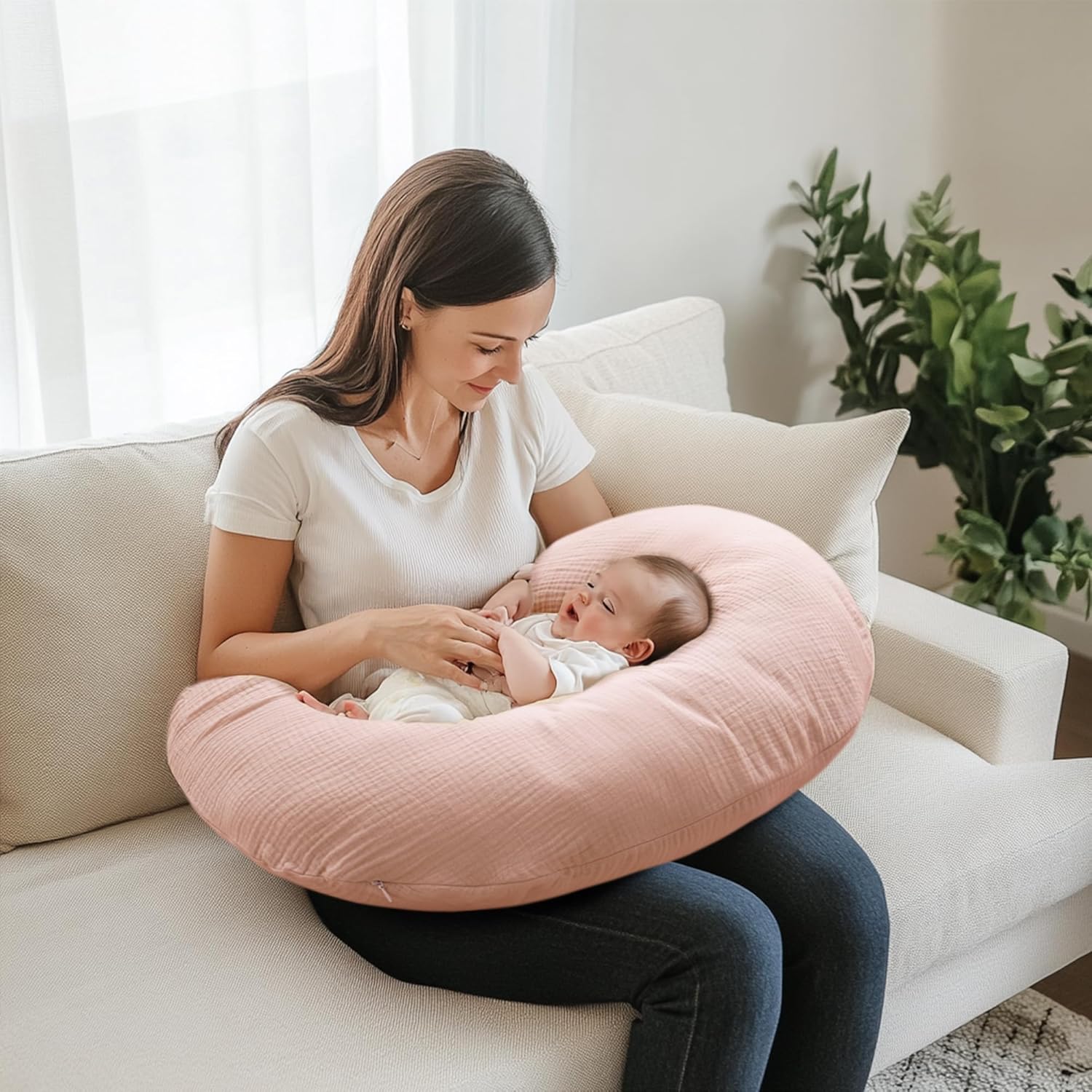 2-Pack Muslin Nursing Pillow Covers, Breathable 100% Cotton Breastfeeding Pillow Slipcovers for Standard Nursing Pillows, Soft Covers for Baby Girls and Boys with Zipper - Image 5