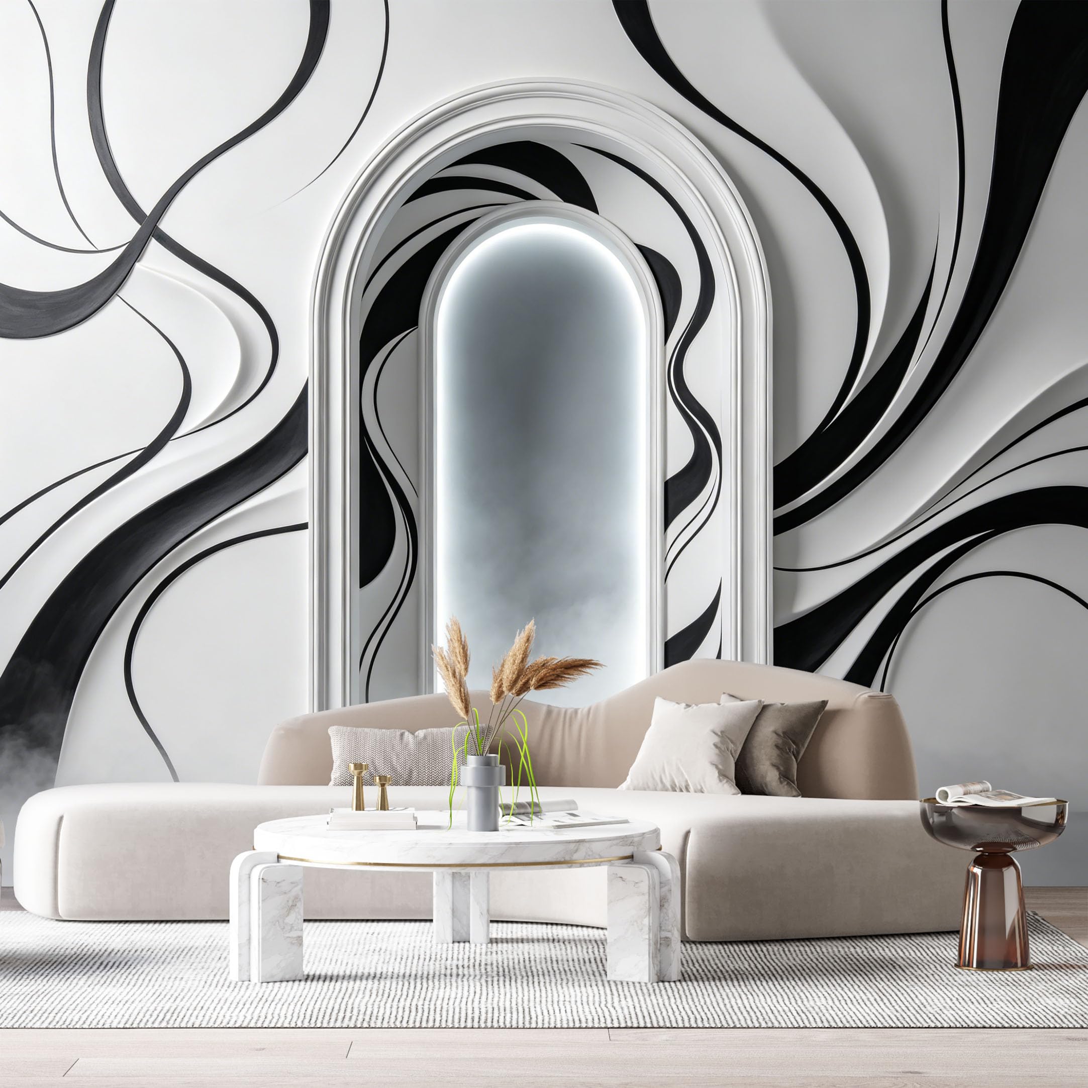 Custom Size Wall Murals Monochrome Abstract Surreal Archway Metallic Silver Mist 3D Trompe L'Oeil SelfAdhesiveWall Fabric Removable Wallpaper Wall Decor for Living Room Bedroom Bathroom