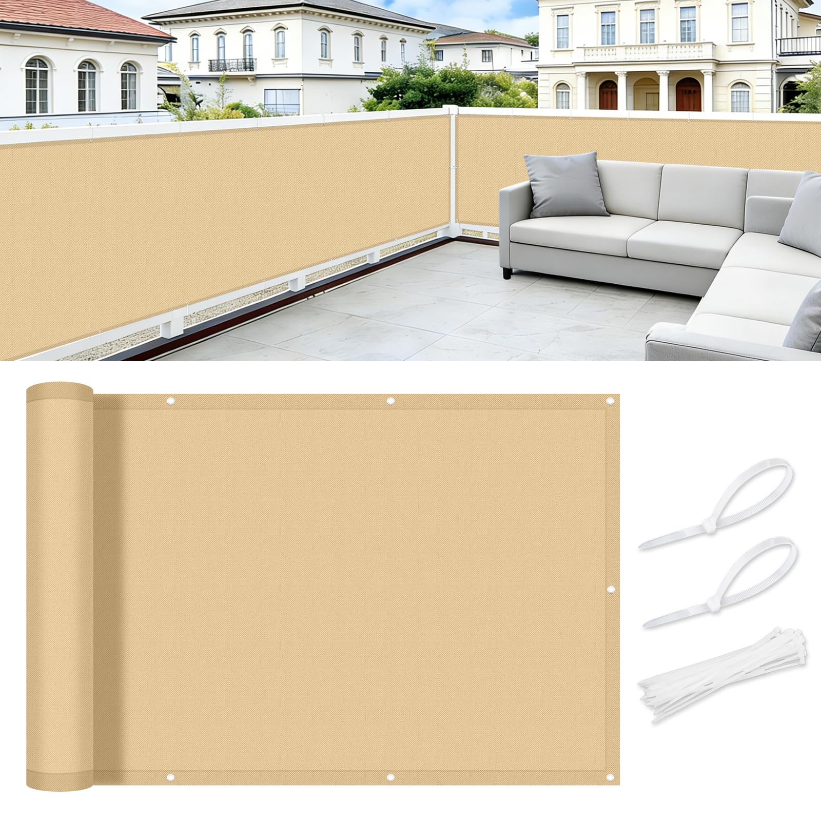 COOL AREA Balkon Sichtschutz 90x600cm Wetterfest Balkonverkleidung Balkonabdeckung sichtschutz Blickdichte Windschutz und UV-Schutz Schutz mit Kabelbinder,Sand