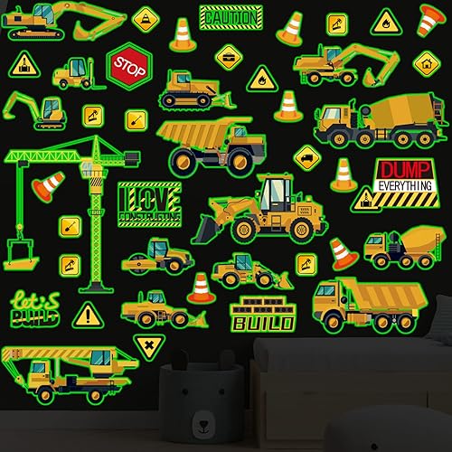Miniatura 6 de Calcomanías de pared de construcción que brillan en la oscuridad, 39 calcomanías luminosas de pared de dibujos animados, calcomanías autoadhesivas