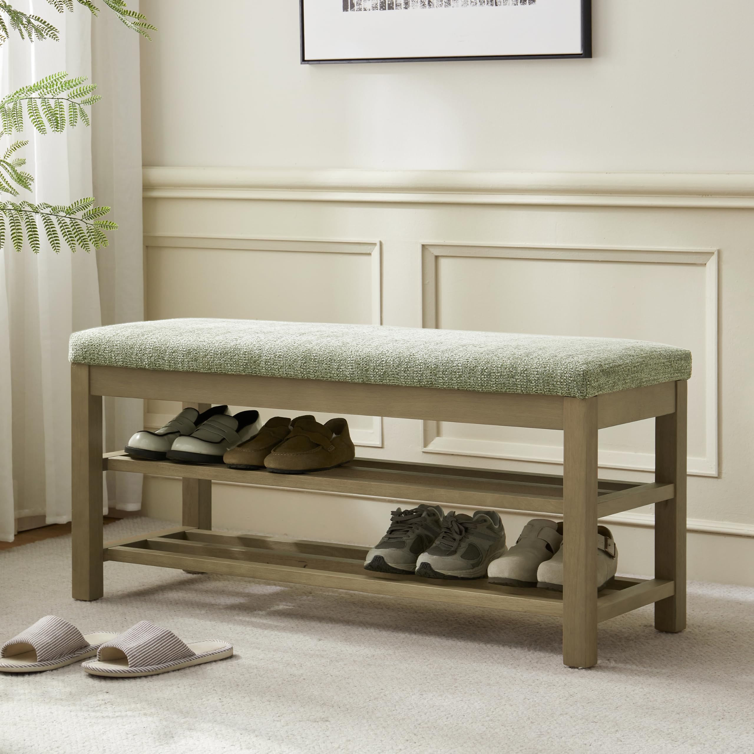 VKNOW 44.3” Wooden Entryway Bench, 2-Tier Upholstered Shoe Bench for Bedroom, Storage End of Bed Bench with Rubberwood Legs for Living Room, Hallway, Green