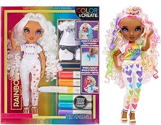 Color & Create Fashion DIY Doll with Washable Rainbow Markers, Purple Eyes, Curly Hair, Bonus Top & Shoes. Color, Create, Play, Rinse and Repeat. Creative 4-12+