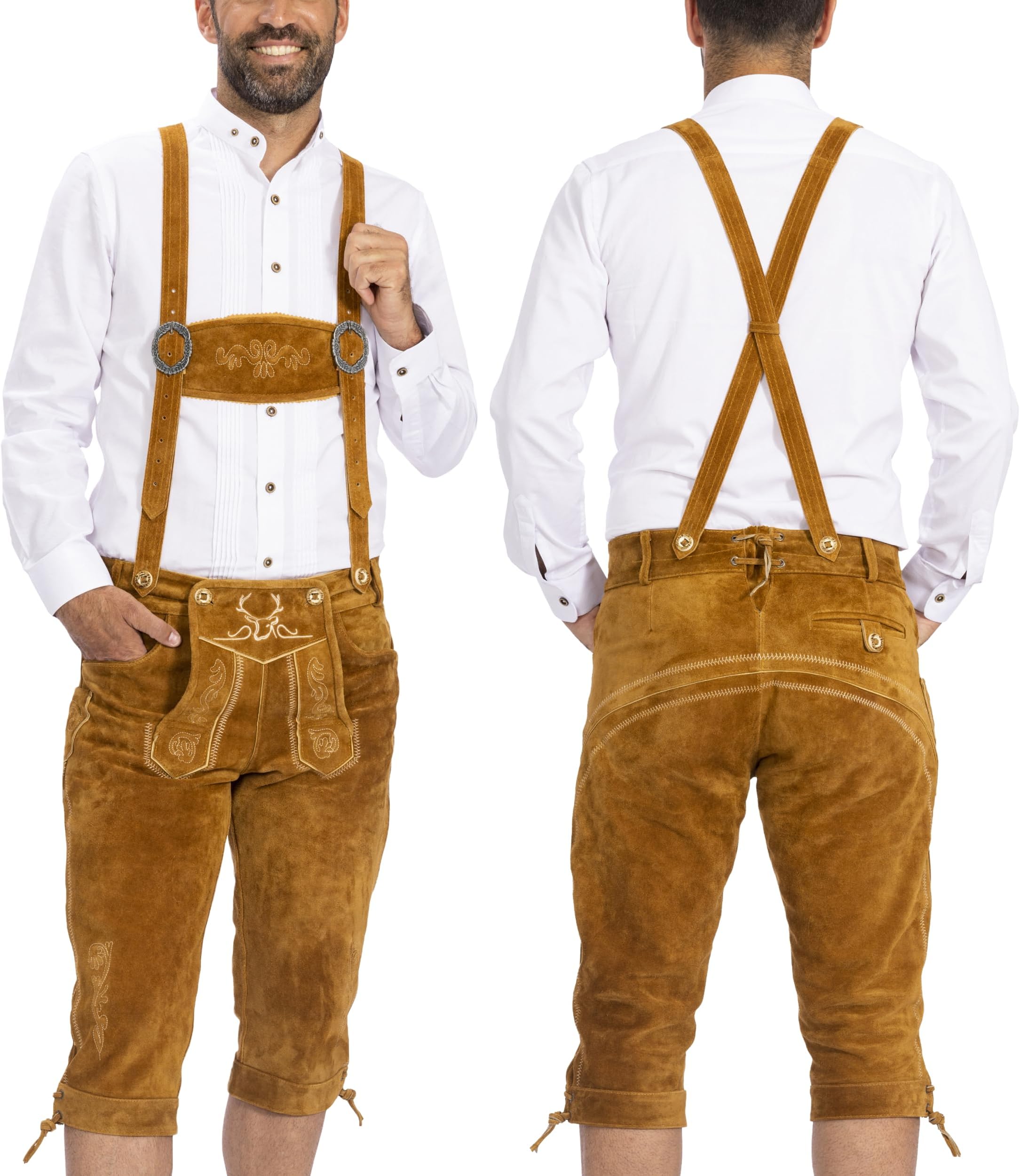 Lederhosen Men - Genuine Leather Authentic German Lederhosen for Men, Oktoberfest Outfit - Light Brown Knee