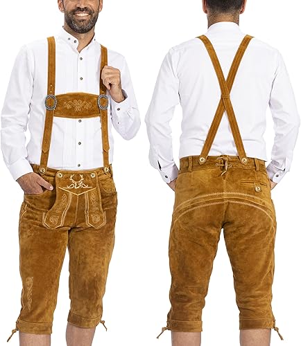 BAVARIA TRACHTEN Lederhosen - Disfraz de Oktoberfest para hombre, piel auténtica, Lederhosen alemán para hombre, color amarillo olivaverde óxido