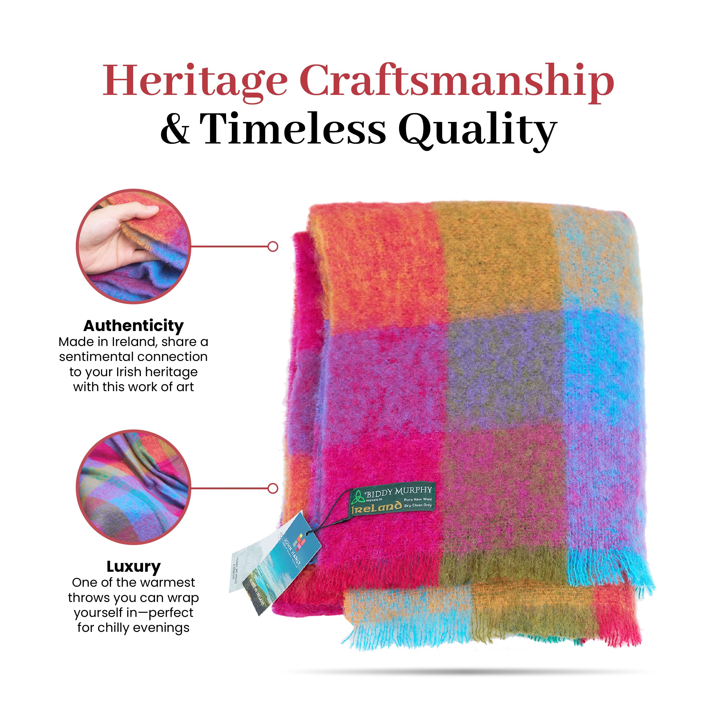 Manta de lana y mohair irlandés genuina de Angora Mohair importada de Irlanda, 72 x 54 pulgadas, estilo celta tradicional, tacto súper suave y cálida, cuadros multicolor