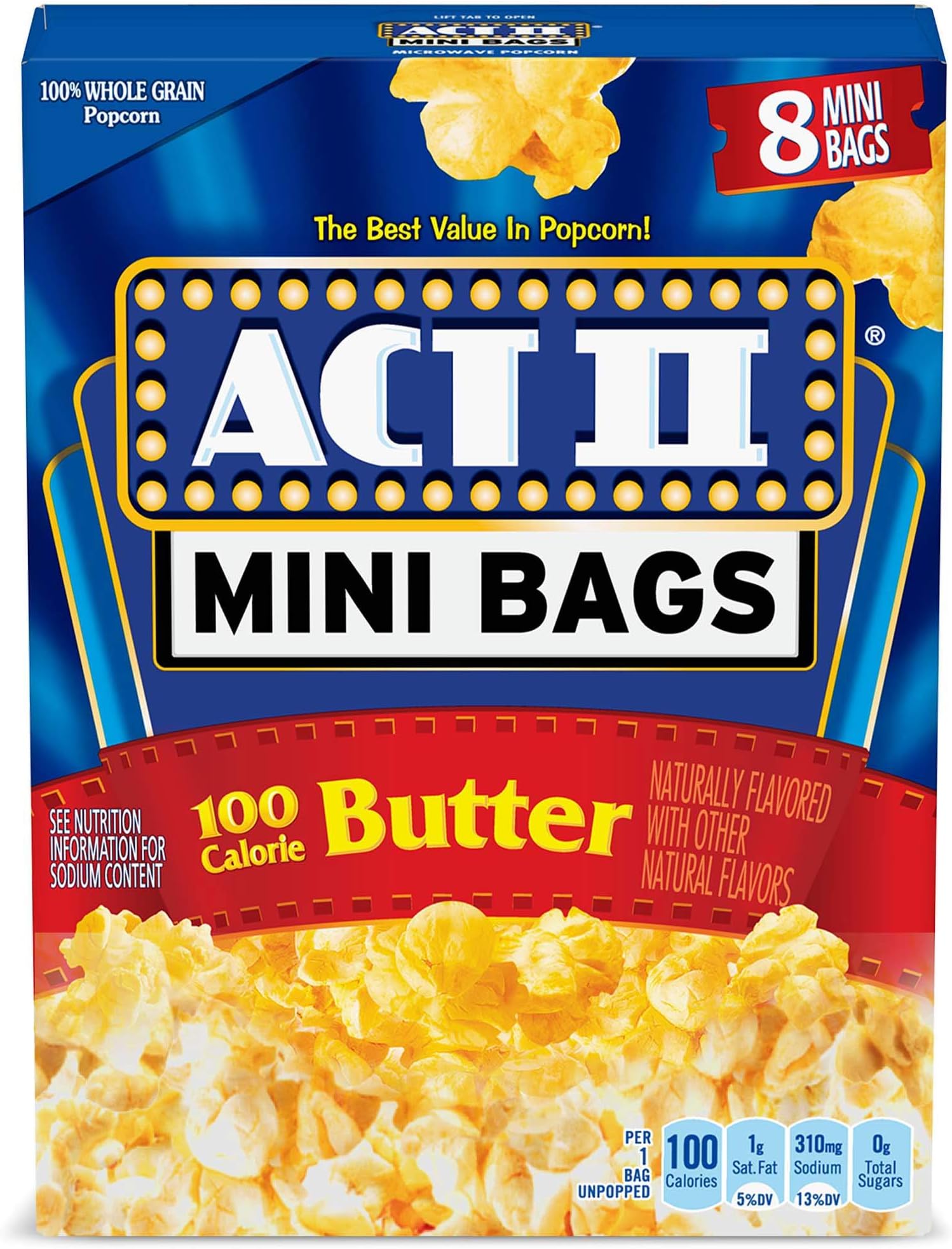ACT II100 Calorie Butter Microwave Popcorn, 1.1oz mini bags(8 count)(Pack of 6)