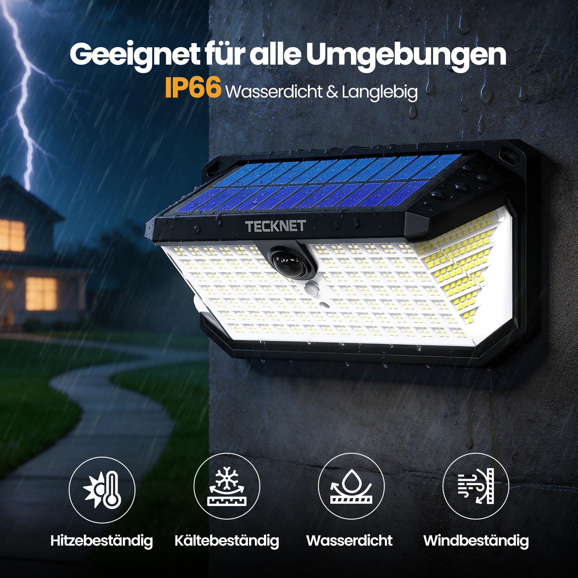 TECKNET Solarlampen für Außen mit Bewegungsmelder, 546 LEDs Lampe, 4 Stück | 300° breiter Beleuchtungswinkel, 3 einstellbare Lichtmodi, IP66 wasserdicht für Garten, Garage und Haustür