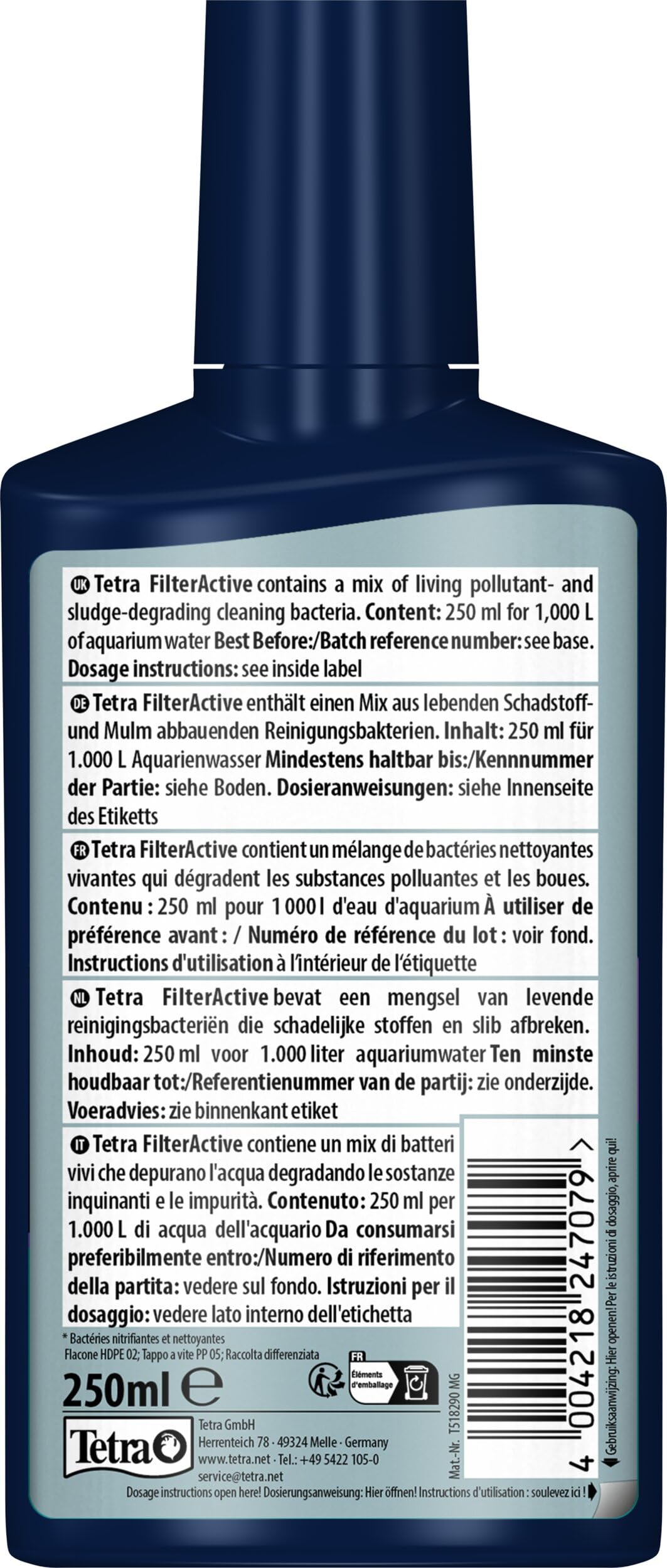 Tetra FilterActive 250 ml Contiene Batteri Vivi che Attivano il Filtro e che Riducono l'Accumulo di Impurità, Mantiene il Filtro Biologicamente Attivo