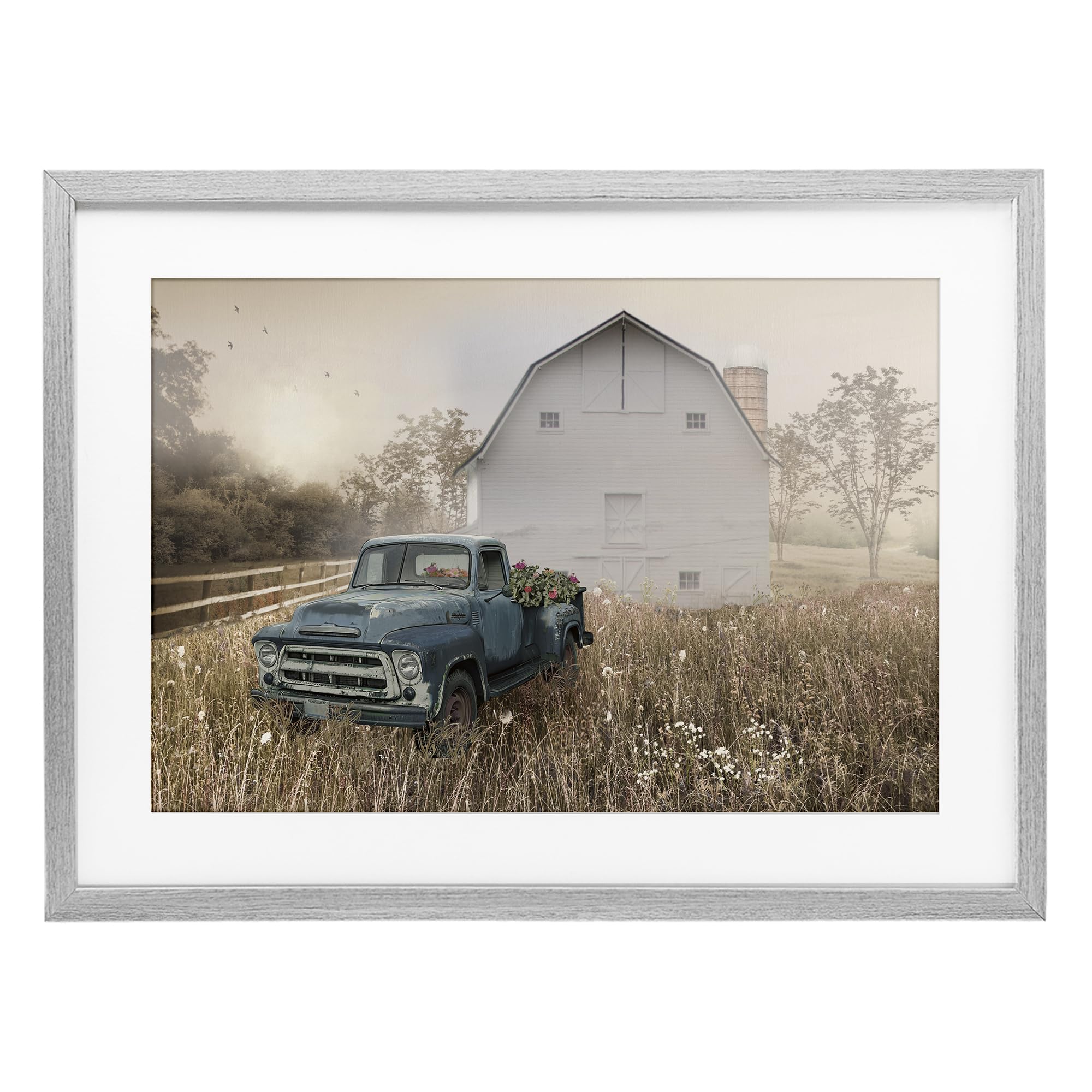 Stupell Industries Farmhouse Gray (Textured) Vintage Pickup Wildflower, 14 X 20 Inch Framed Print Under Glass