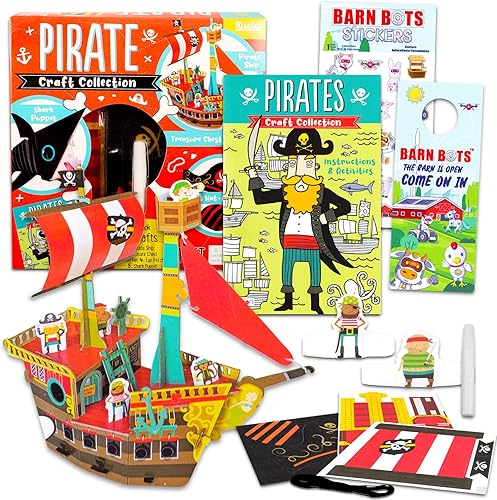 Pirates DIY Crafts Collection for Kids - Rompecabezas 3D de barco pirata kit de manualidades con 5 papel, costura, actividades artísticas más libro