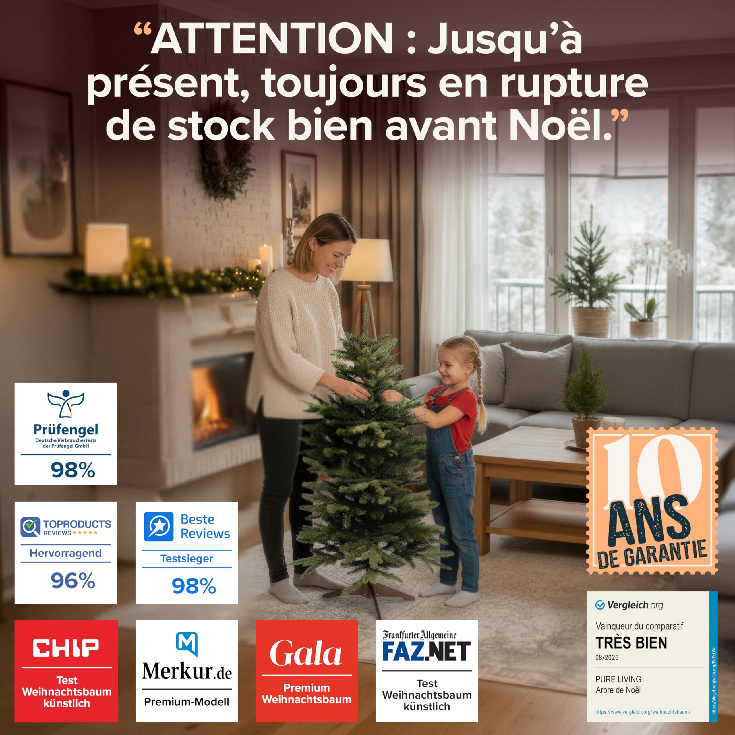 Sapin de Noël Artificiel Premium 120 cm - Gagnant du Test - Réalisme Exceptionnel, Branches épaisses, livré avec Support en Bois et Sac de Rangement – Pure Living