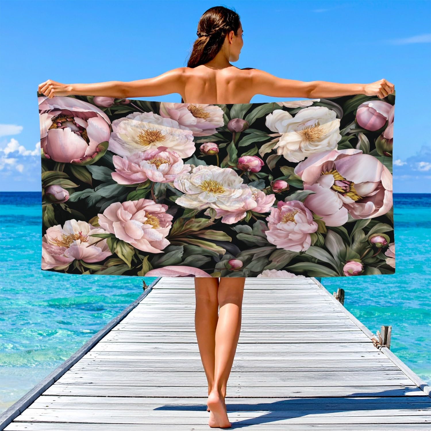 Telo mare moderno naturale, extra large, 200 x 100 cm, in microfibra, senza sabbia, ad asciugatura rapida, romantico, elegante, morbido, con piante, floreale, ideale come regalo per le vacanze per la