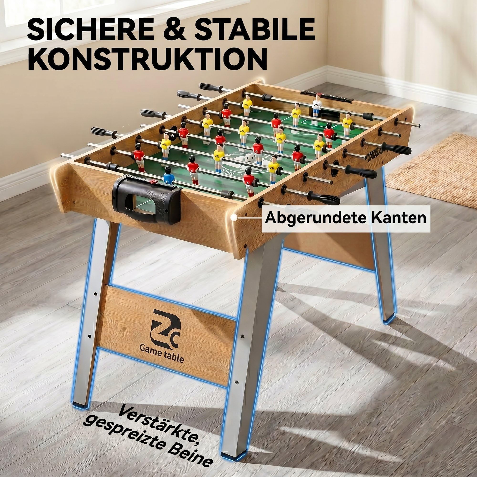 SPORTNOW Tischkicker inkl 22 Kicker 2 Bälle Griffe 121x87x77cm Naturholz | Rutschfest, Punktezähler, Schräge Beine, Kickertisch, Spieltisch für Kinder & Erwachsene, Tischfußball