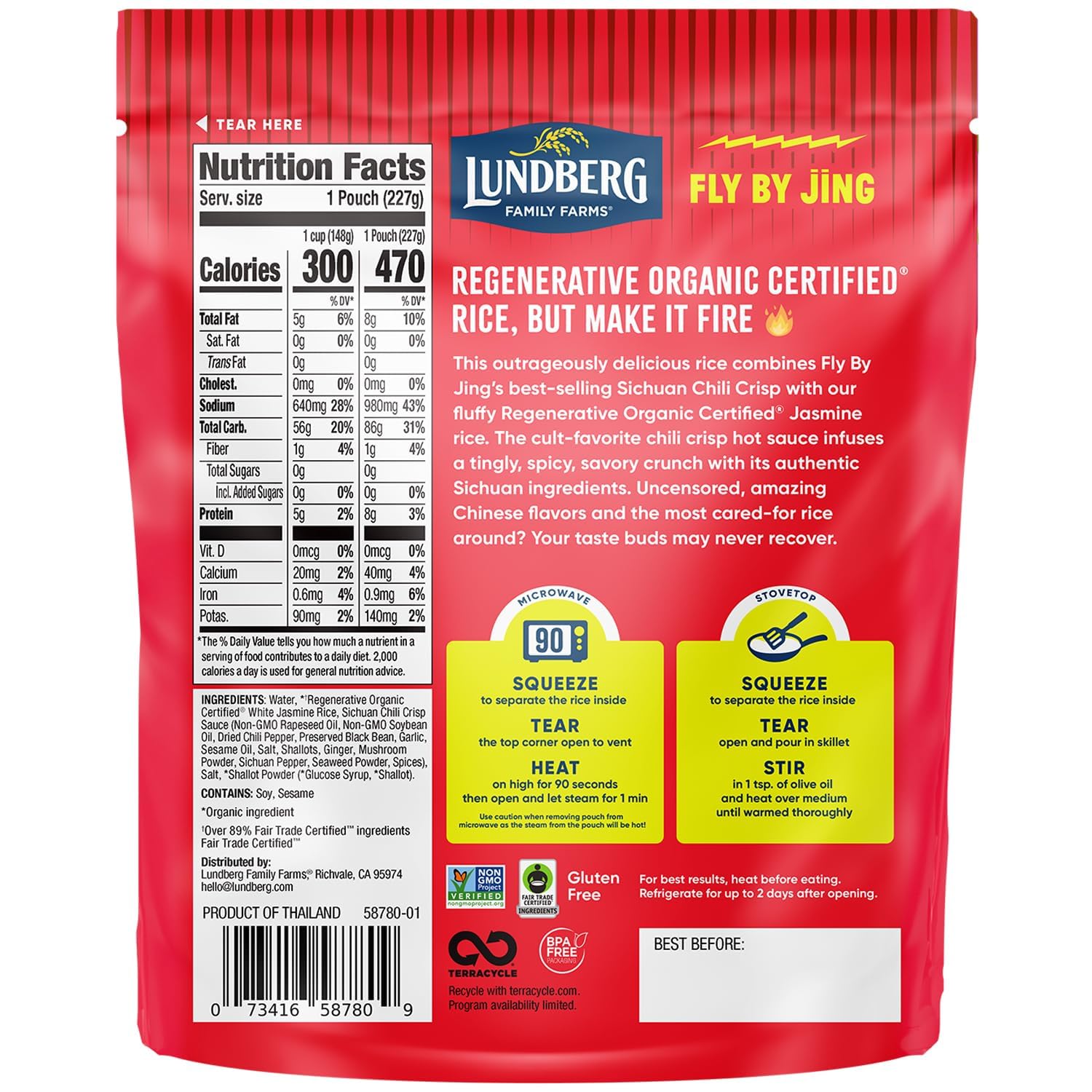 Lundberg X Fly By Jing Chili Crisp 6-Pack – Spicy, Savory Regenerative Organic Jasmine Rice, Microwave or Stovetop, Ready in 90 Seconds, 8 Oz Pouches