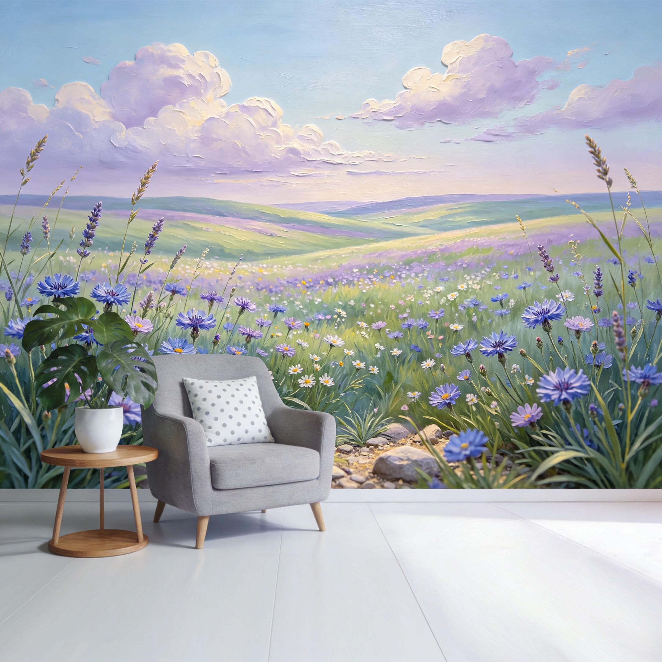 Custom Size Wall Mural Lavender Meadow Landscape Purple Wildflower Field Watercolor Sky SelfAdhesive Wall Fabric Removable Wallpaper for Home Office Decor