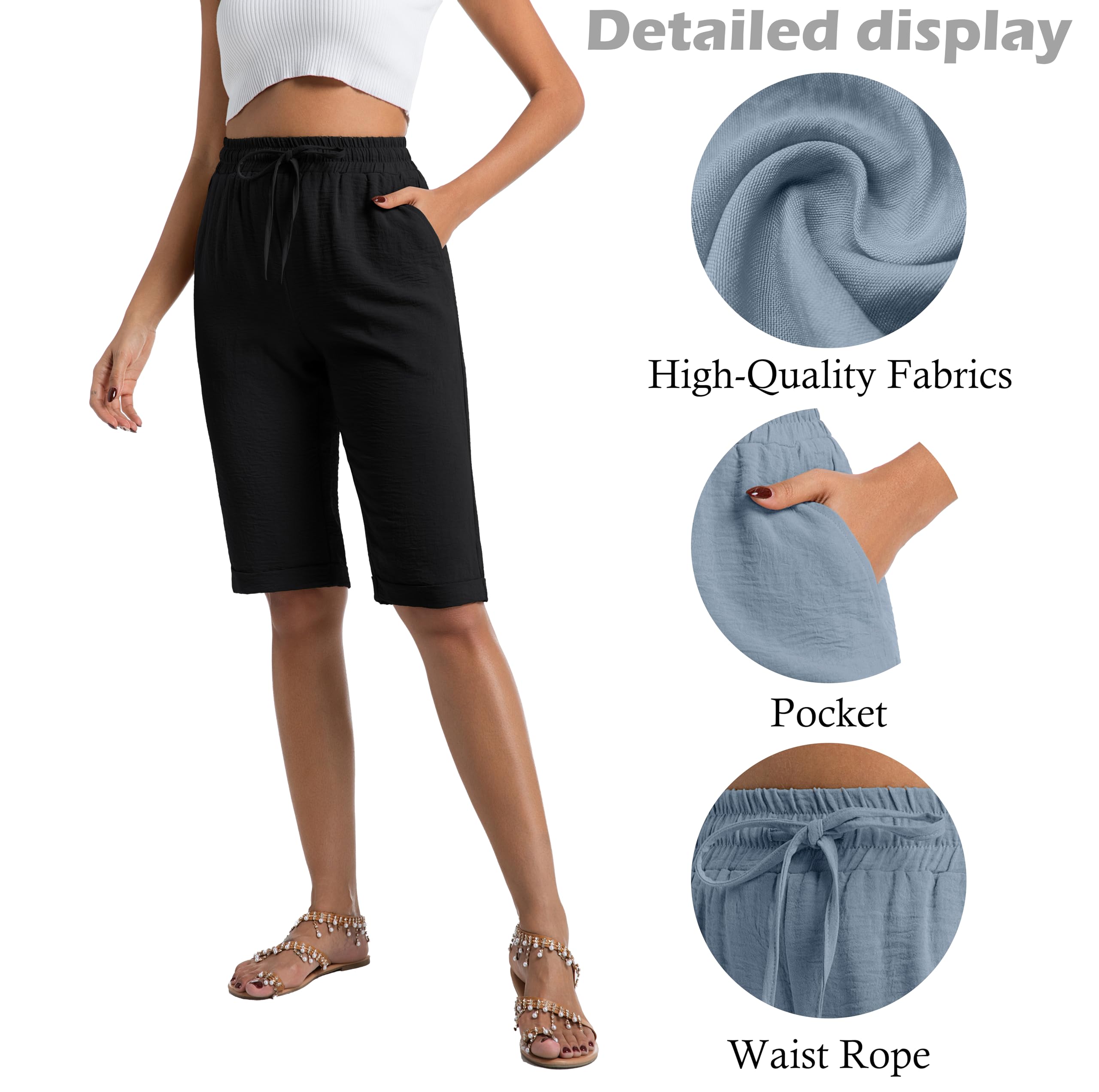 IWOLLENCE Kurze Hose Damen Sommer Knielange Hosen Shorts Sommerhosen Leicht Baggy Strand Mit Kordelzug Mit Taschen Mit festem Umschlag am Saum Mit elastischem Bund