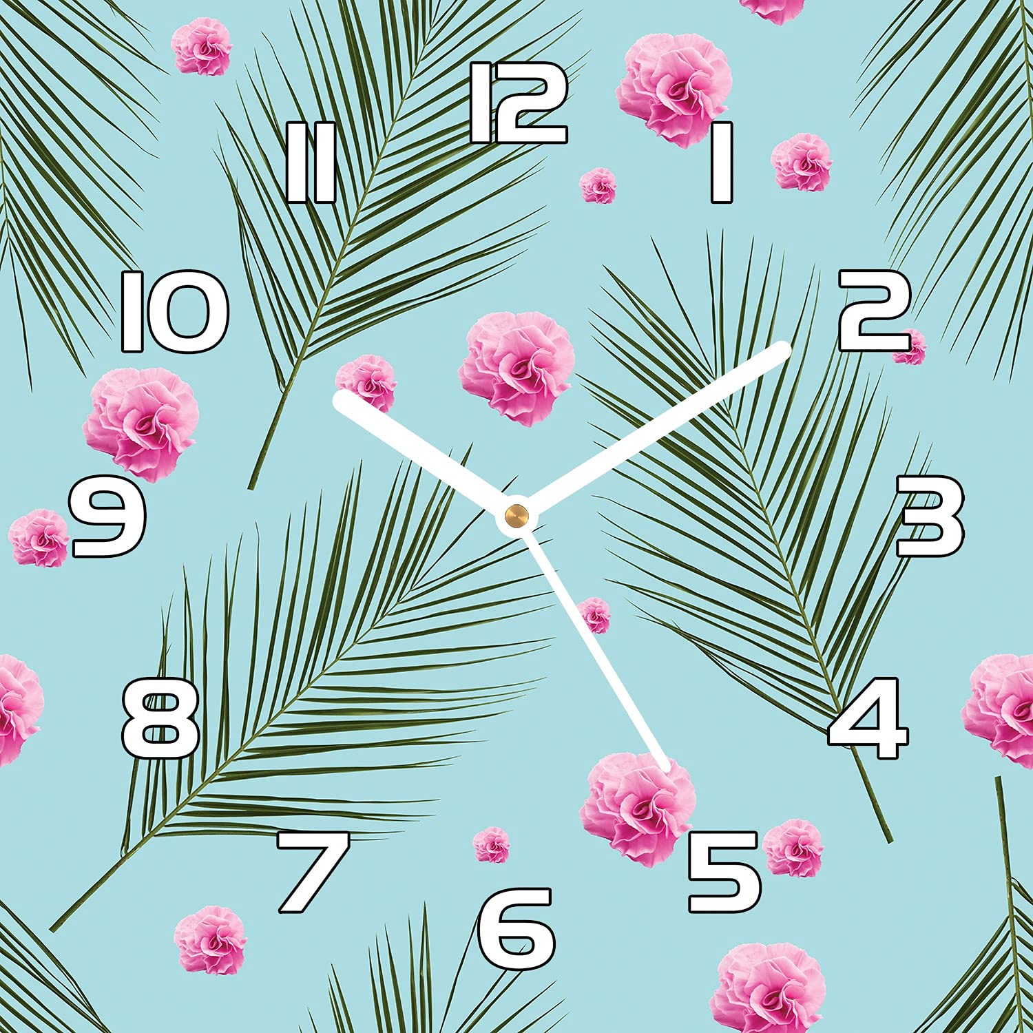Horloge en verre 30x30 cm Fleurs d'Hawaii avec aiguilles noires pour deco murale