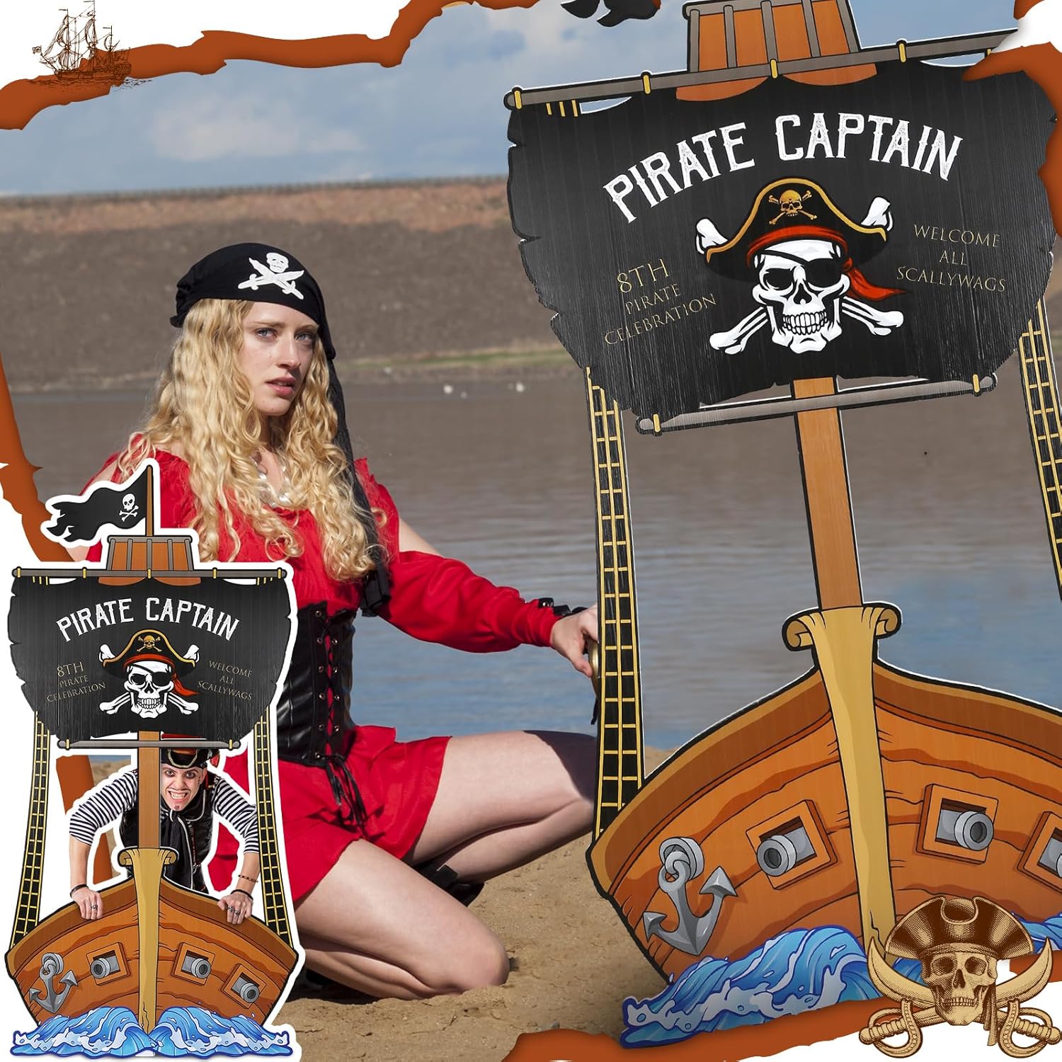 5.6 Ft Halloween Pirate Ship Cardboard Cutout Stand Up Life Size Pirate Theme Party Decorations Captain Ship Backdrops Photo Props Stand Up Cardboard for Life for Halloween Pirate‘s Theme Party Decor