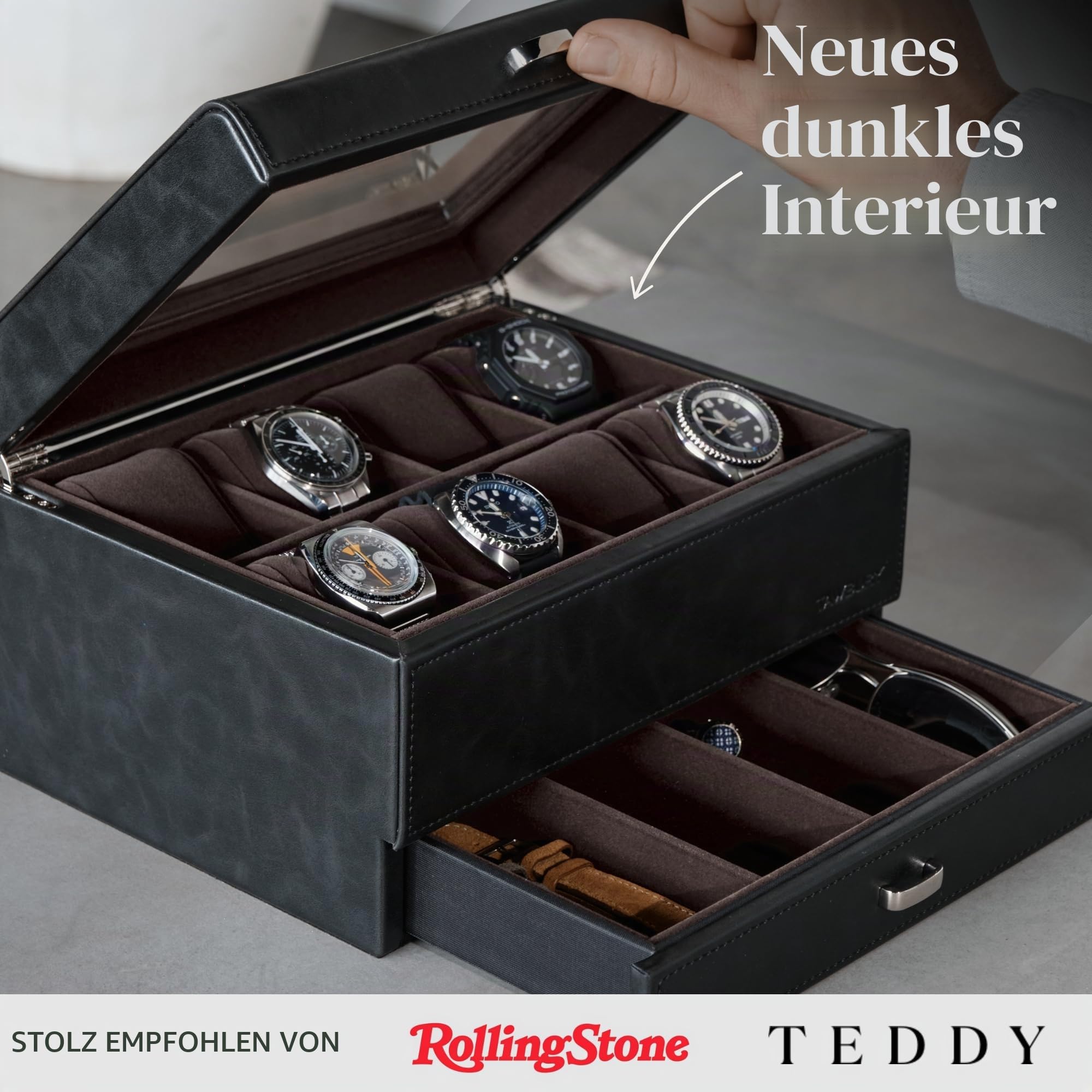 TAWBURY Uhrenbox für Herren - 8-Fach Uhrenkoffer mit Aufbewahrungsschublade, Echtglas-Display und extra breiten Kissen für große Uhren (Schwarz/Anthrazit)