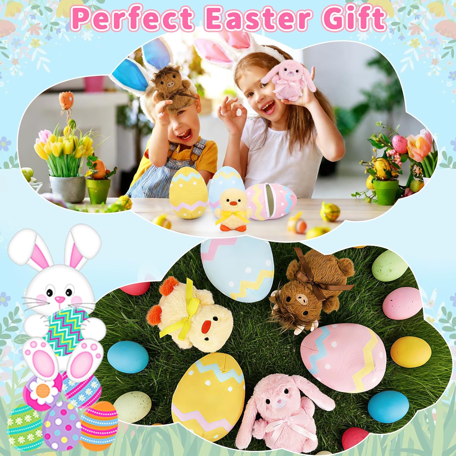 Easter Plush, 3pcs Easter Egg with Bunny Chicken Highland Cow Plushies, 4inch Cute Easter Stuffed Animal Gift Basket Essentials for Kids, Toddlers, Basket Stuffer & Party Favor