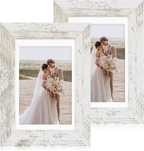 Juego de 2 portarretratos de 5 x 7, hechos de vidrio real y marco de madera blanca envejecida, fotos de 4 x 6 con paspartú o 5 x 7 sin paspartú,