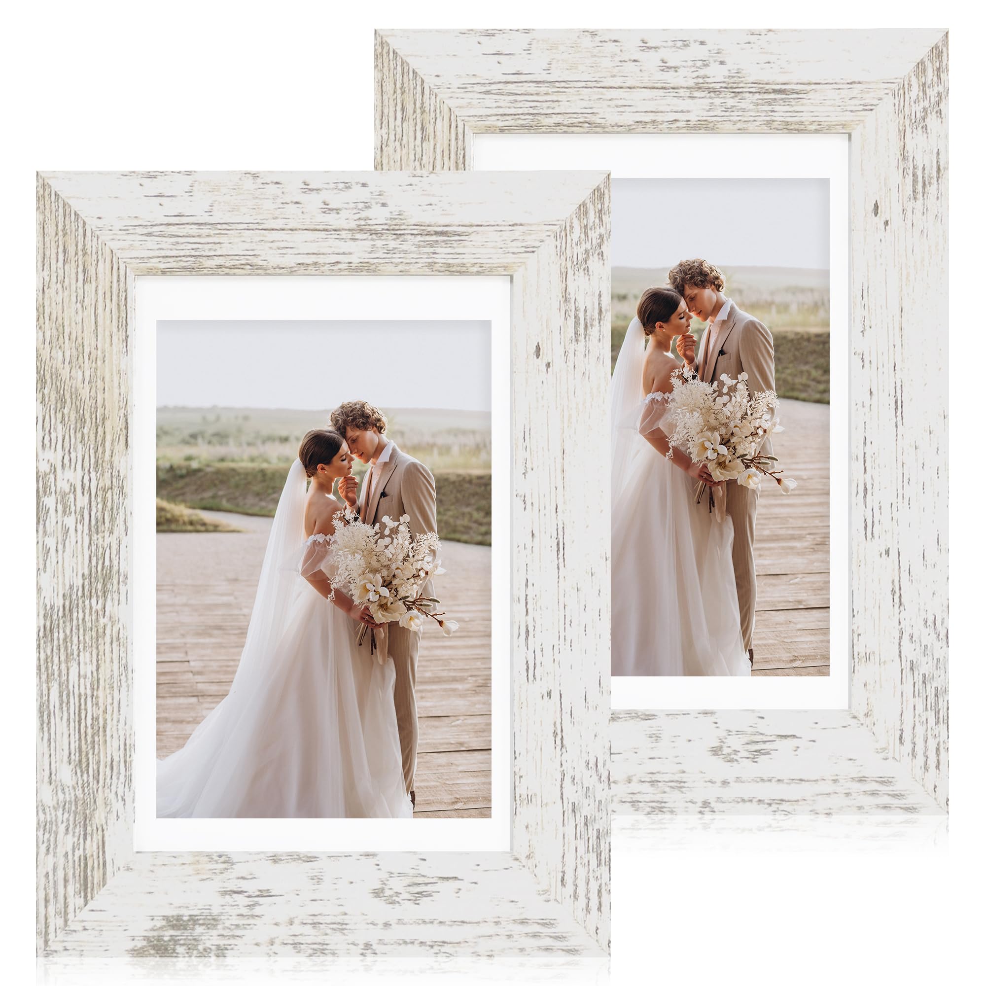 Photo 1 of Hongkee 5x7 Picture Frame Set of 2, Made of Real Glass and Distressed White Wooden Frame - Display Pictures 4x6 with Mat or 5x7 Without Mat, 5 by 7 Photo Frame for Wall or Tabletop Display