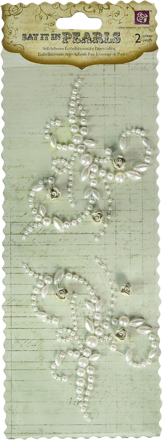 Prima 535667 6-1/2-Inch Say It in Pearls Self Adhesive Jewel Art Mini Flourish with Roses, Cream
