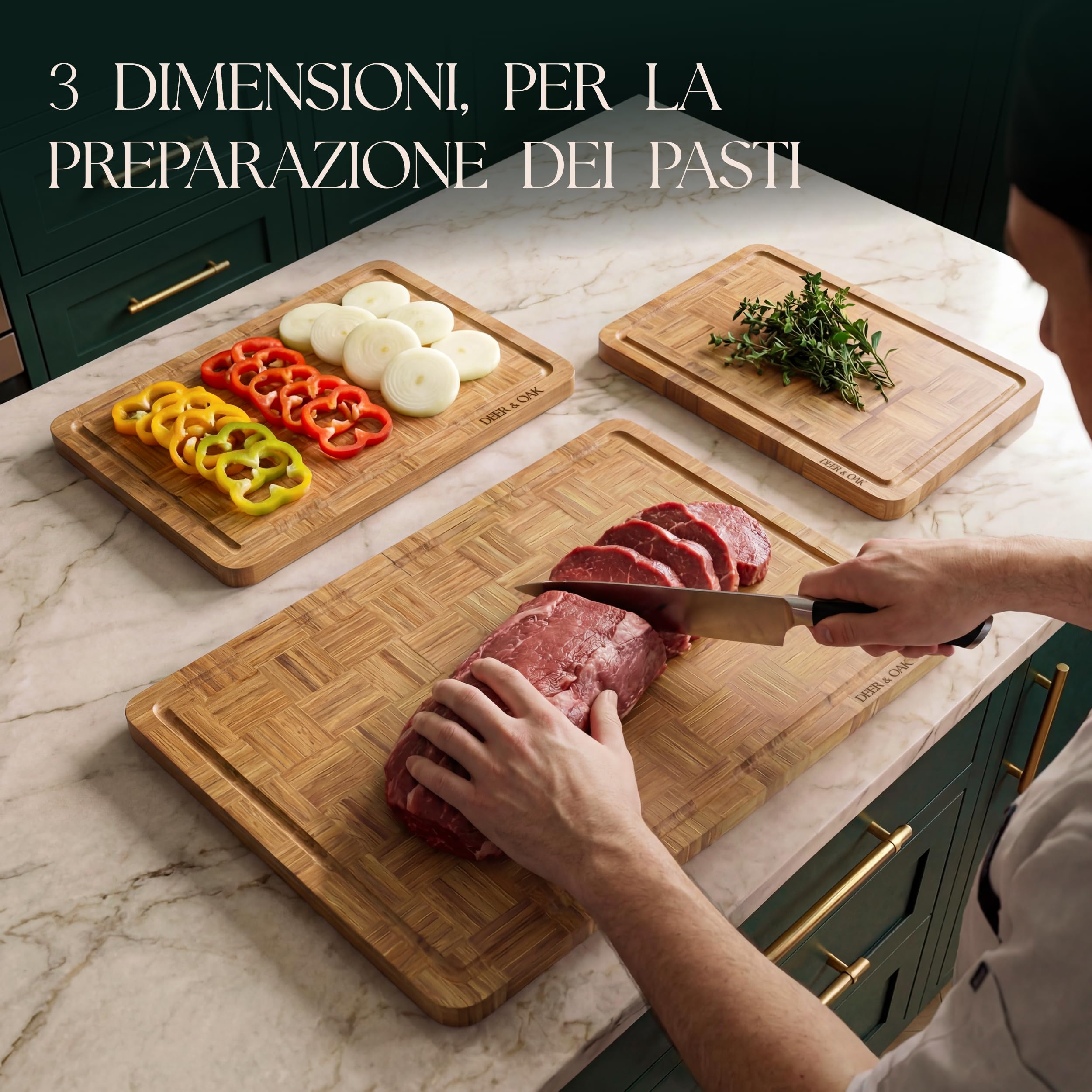 Deer & Oak Set 3 Taglieri in Bambù Carbonizzato con Supporto | Legno pre-oliato · Motivo intrecciato a cesto · Resistenti