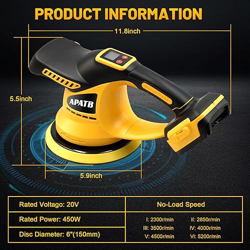 Miniatura 5 de Pulidor de búfer inalámbrico mejorado, kit de pulidor compatible con batería Dewalt de 20 V, pulidora de automóvil sin escobillas de 6 pulgadas con