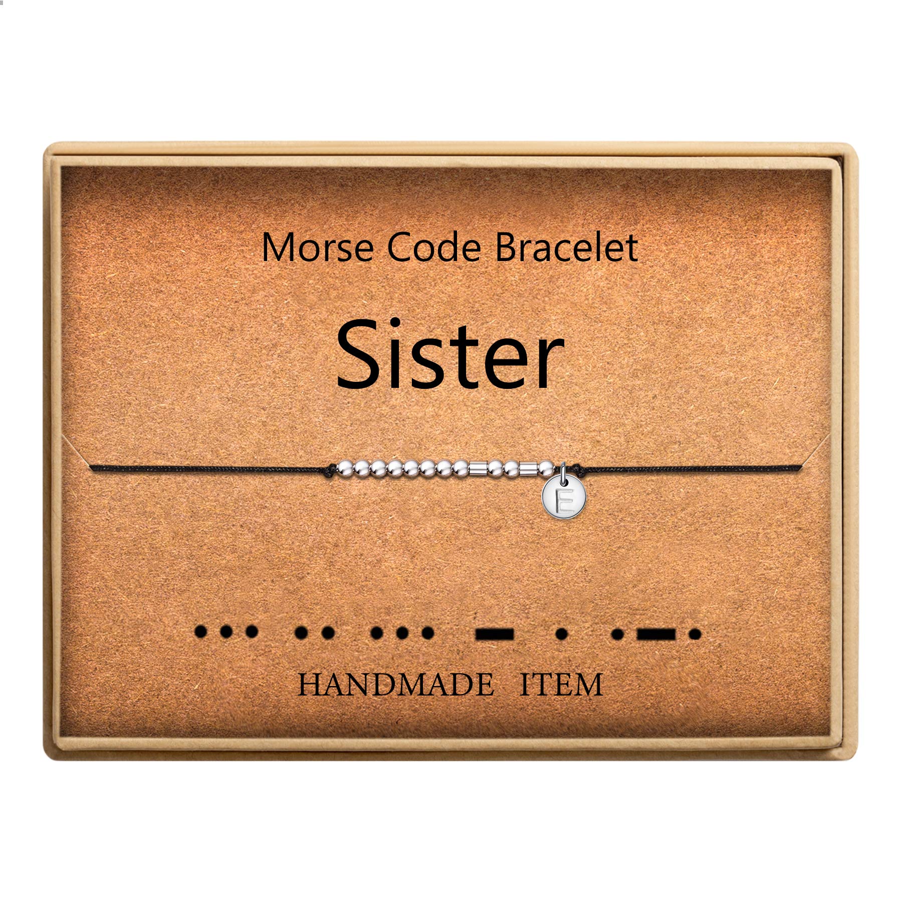 SANNYRA Morse Code Bracelet Initial Disc Beads on Adjustable Silk Cord Sister Friendship Bracelet Letter E Inspirational Gift for Women