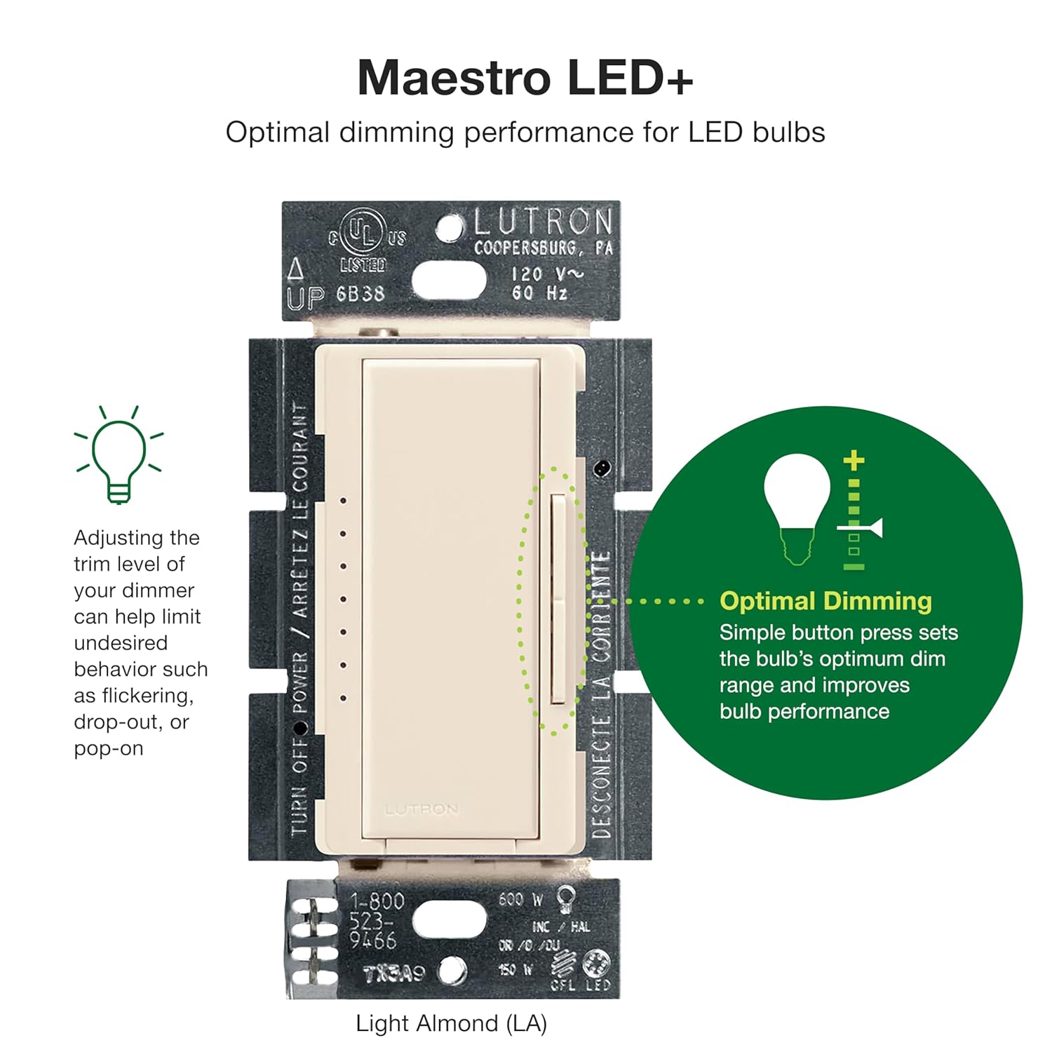 Lutron Maestro Dimmer Switch LED+, For Dimmable LED, Halogen and Incandescent Bulbs, 150W, Single-Pole or Multi-Location, MACL-153M-LA, Light Almond Light Almond 1 Pack Dimmer