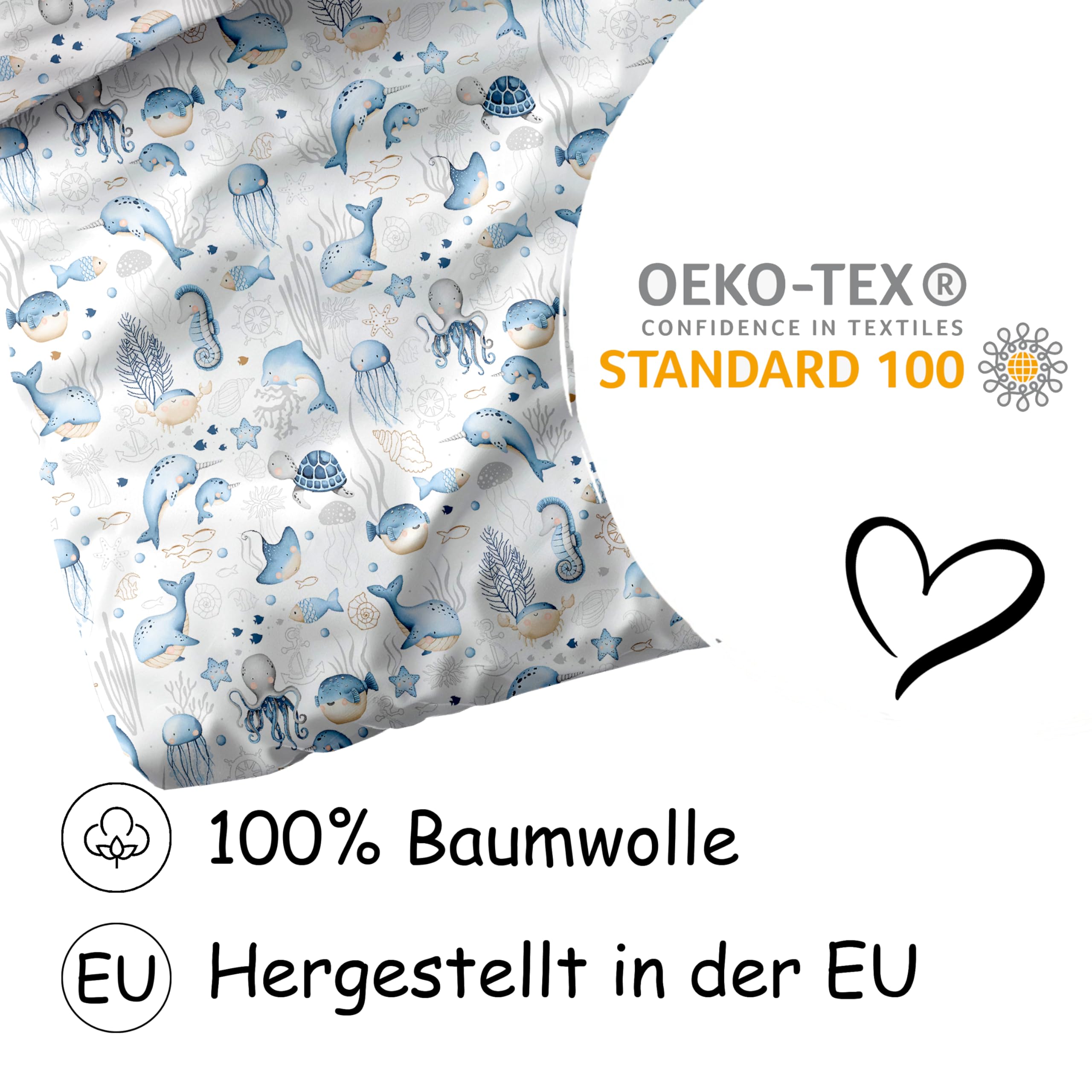 PinkZebra Biancheria per lettino: copripiumino 100 x 135 cm + federa 40 x 60 cm per ragazze e ragazzi, in 100% cotone, made in EU, animali marini