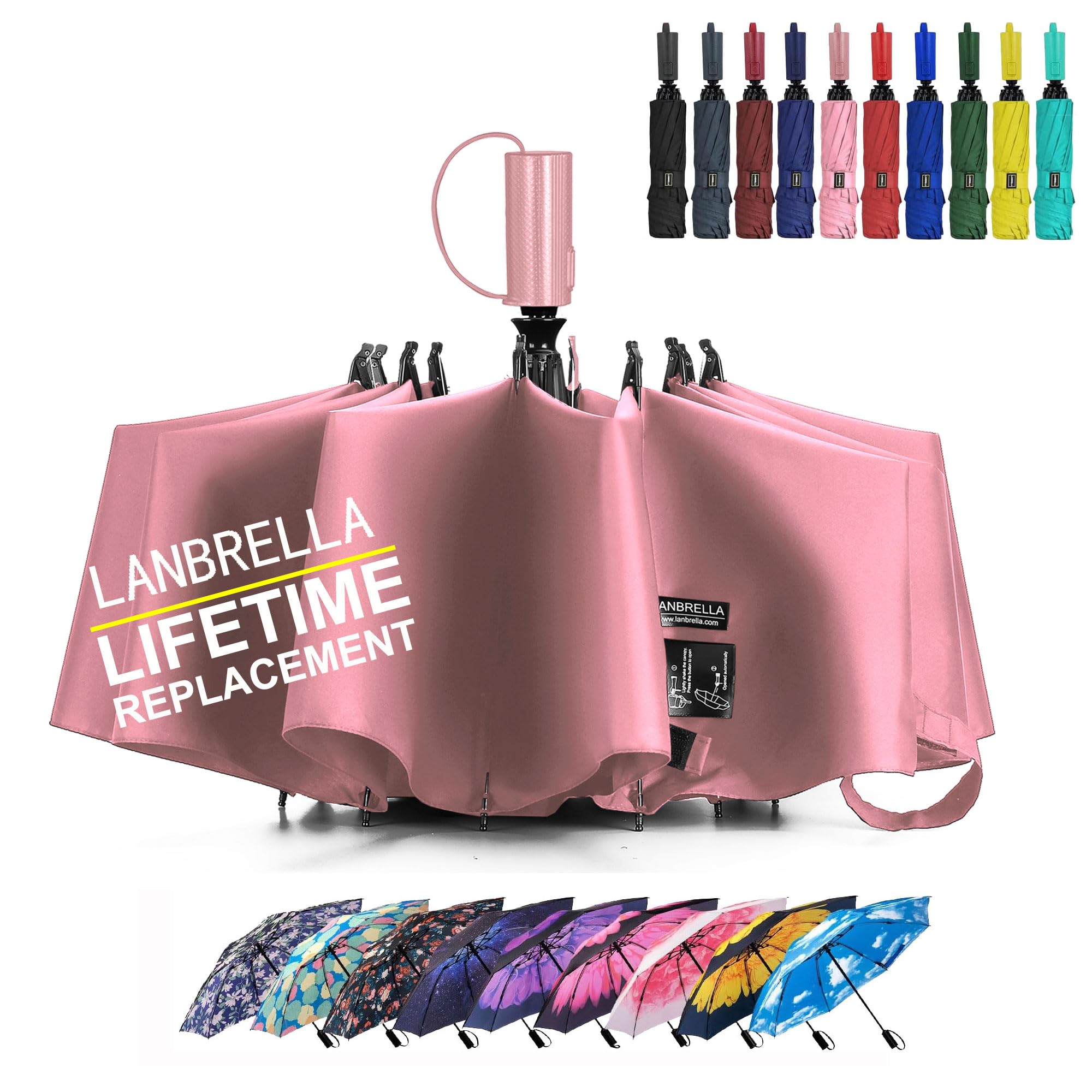 LANBRELLA Compact Reverse Folding Umbrella Auto Windproof Travel Umbrella