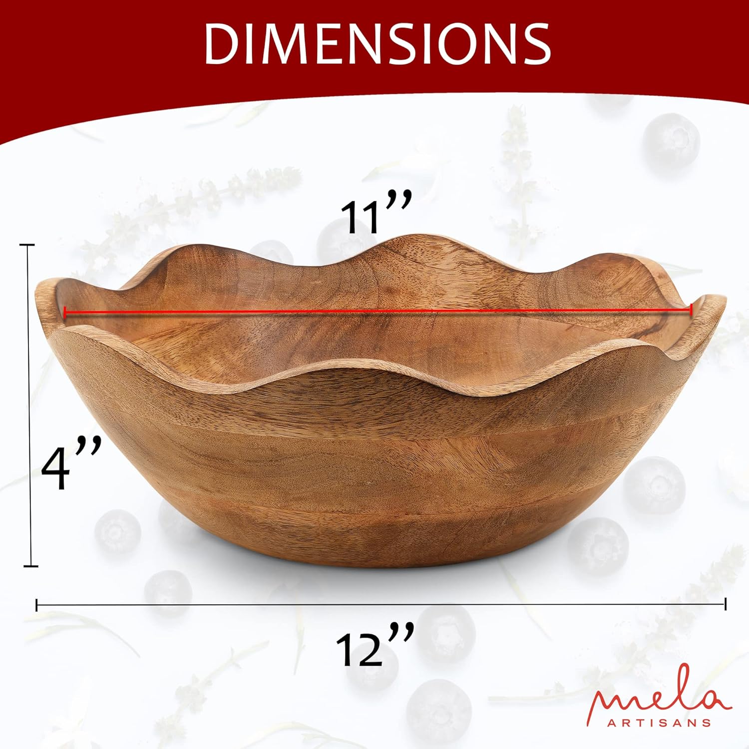 Mela Artisans 12-Inch Handcrafted Mango Wood Scalloped Serving Bowl - Food-Safe Decorative Fruit Bowl for Kitchen Countertops