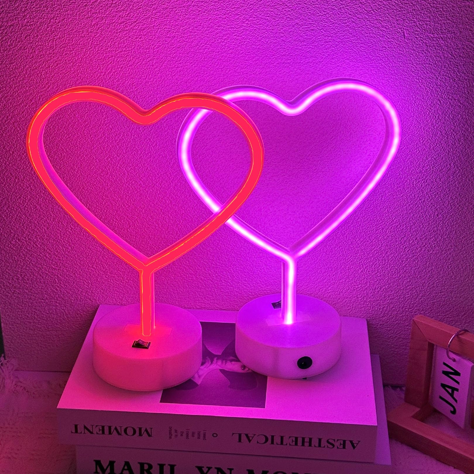 Insegna al neon a forma di cuore rosa, confezione da 2 luci al neon a LED alimentate a batteria o alimentate tramite USB, decorazione per San Valentino, per camera da letto, matrimoni