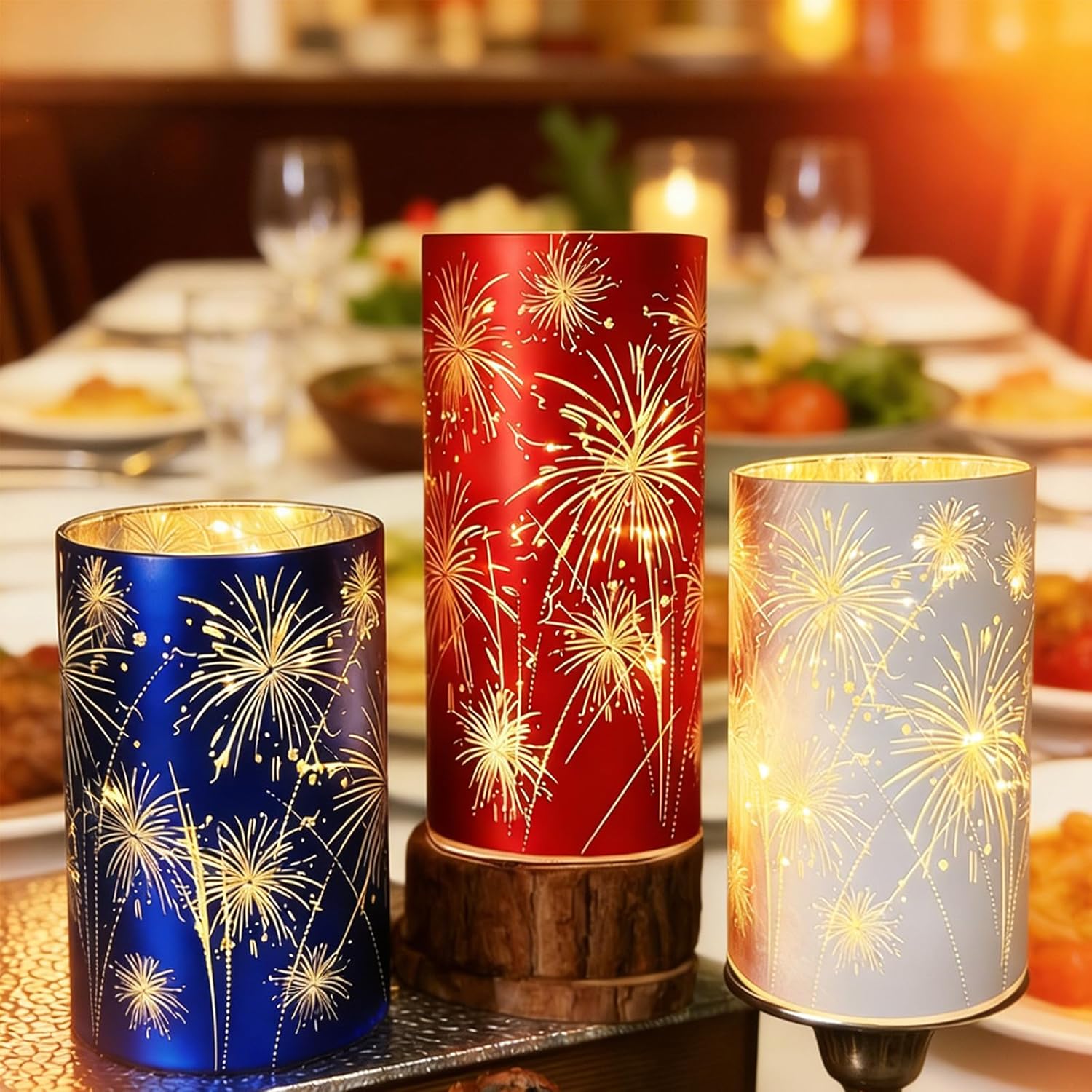 Set of 3 Celebration Hurricanes, Celebration Hurricane Candle Holders Firework Lights, Dining Table Centerpiece Decor for Mantel, Dining Table, Wedding & Holiday Decor (Mix)