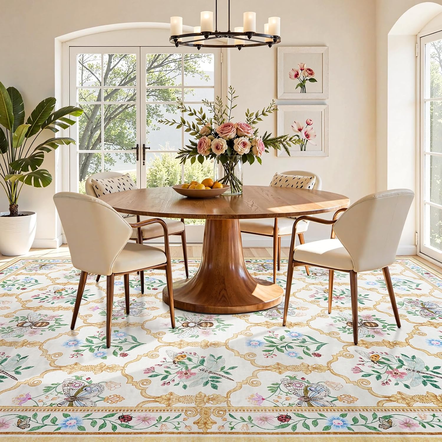 LIVEBOX Beige 8x10 Area Rug for Living Room, Vintage Washable Floral Rug for Bedroom Girls, Soft Non-Slip Rugs with Butterfly and Bee Pattern, Large Throw Carpet for Dining Room, Nursery Home Decor