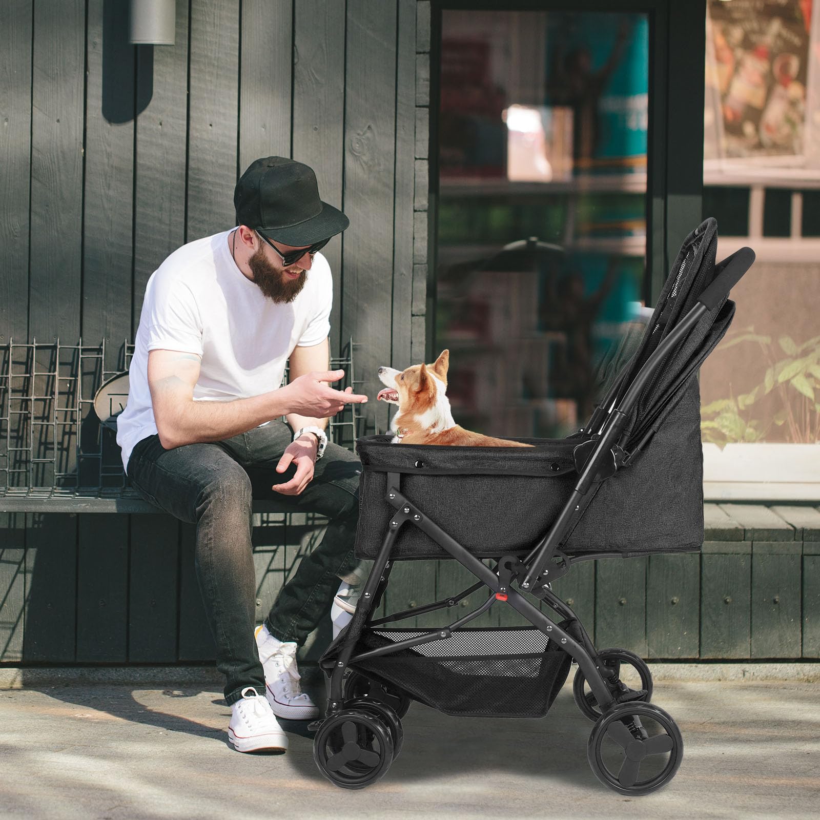 Poussette pliable pour animal de compagnie avec panier de rangement, roue avant à 360° avec frein, poussette de voyage légère pour chiens et chats de petite et moyenne taille (noir 1, 4 roues)
