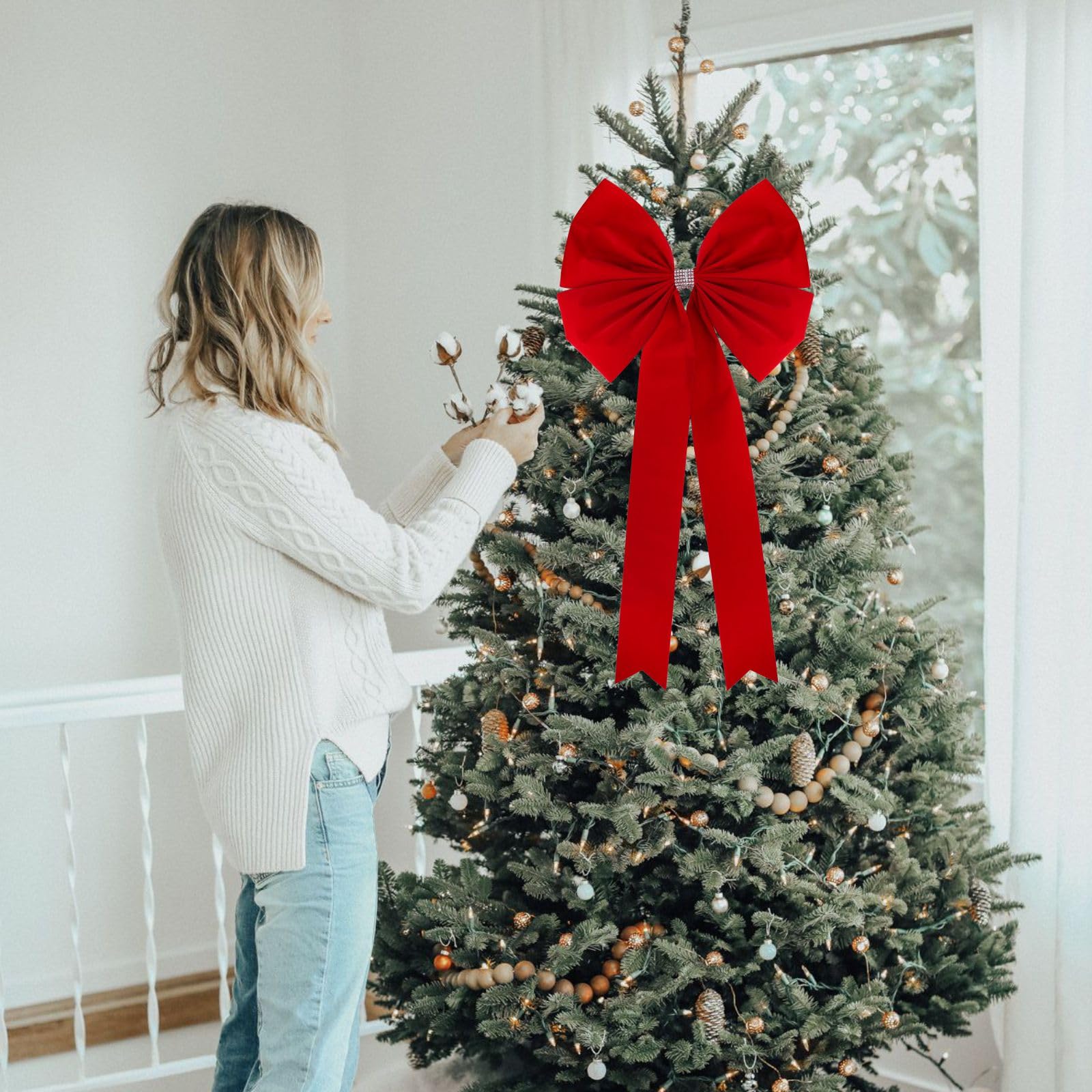 Meseey 2 lazos extragrandes para árbol de Navidad de 36 x 18 pulgadas, lazos grandes de terciopelo rojo de regalo para decoración del hogar de Navidad, decoración de automóvil interior y exterior